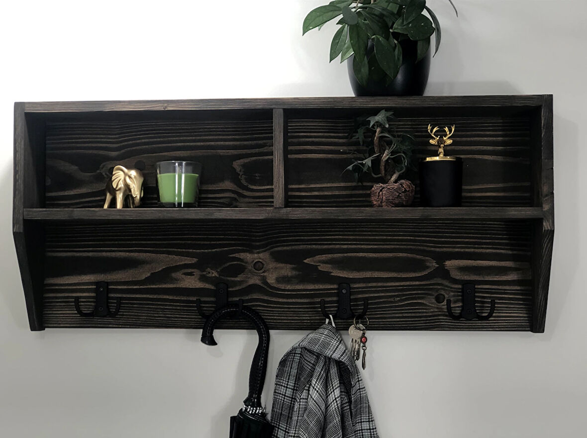 O&A Wood Doğal Ahşap Vestiyer, Dekoratif 4 Askılı Portmanto, Raflı 2 Bölmeli Vintage Elbise Askısı Ceviz