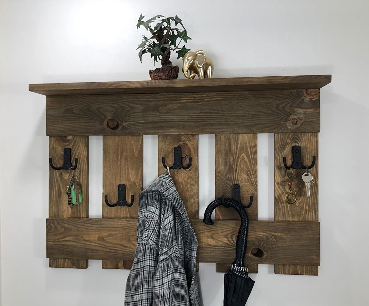 O&A Wood Doğal Ahşap Vestiyer Dekoratif 5 Askılı Portmanto Raflı Vintage Elbise Askısı Meşe