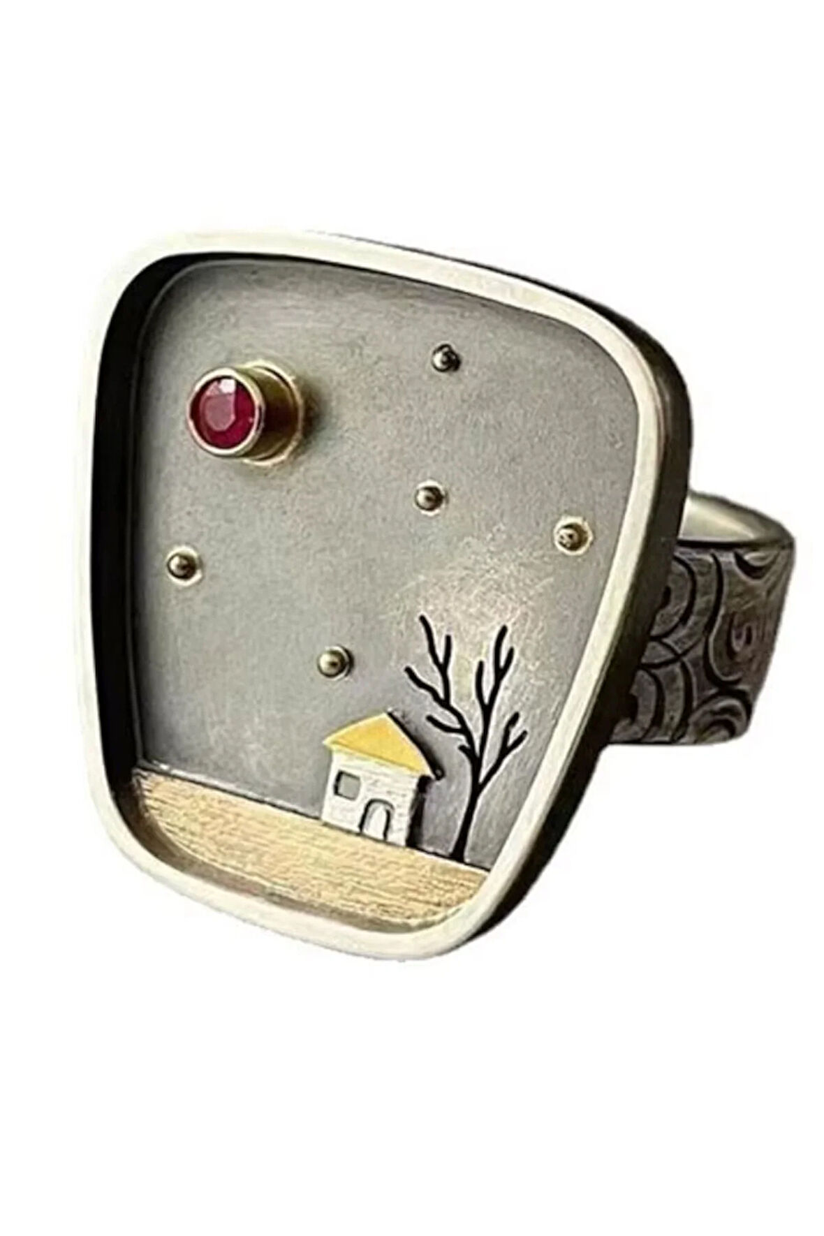 Manzaralı Eskitme Metal Yüzük