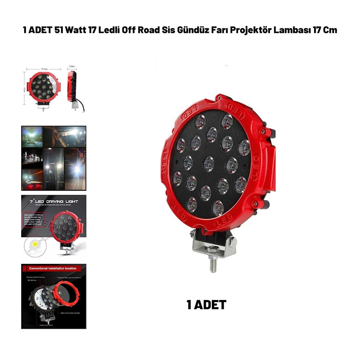 51 Watt 17 Ledli Off Road Sis Gündüz Farı Projektör Lambası 17 cm 1 ADET