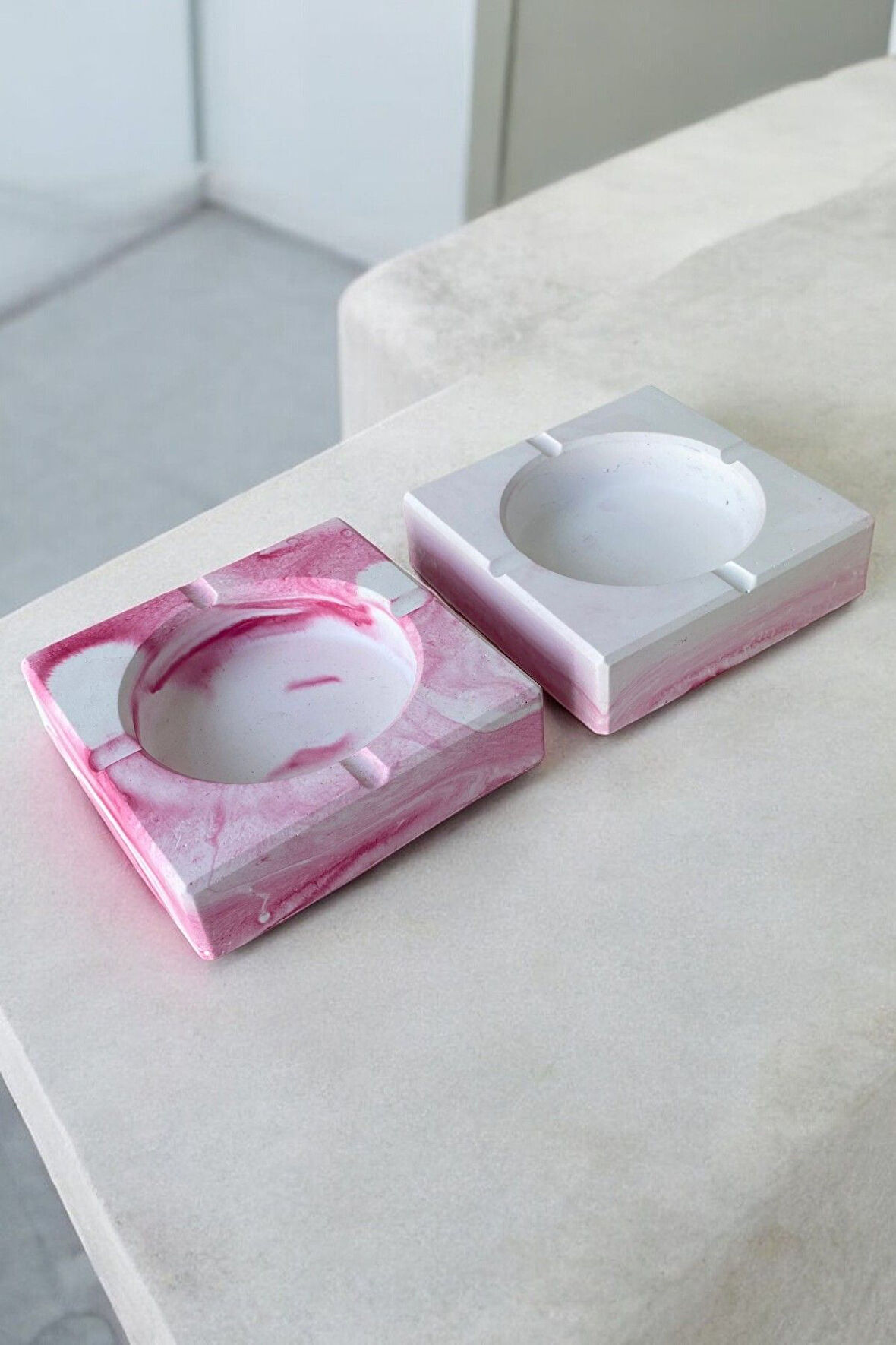 Mermer Desenli Kare Dekoratif Küllük Kül Tablası 2'li Set Pembe
