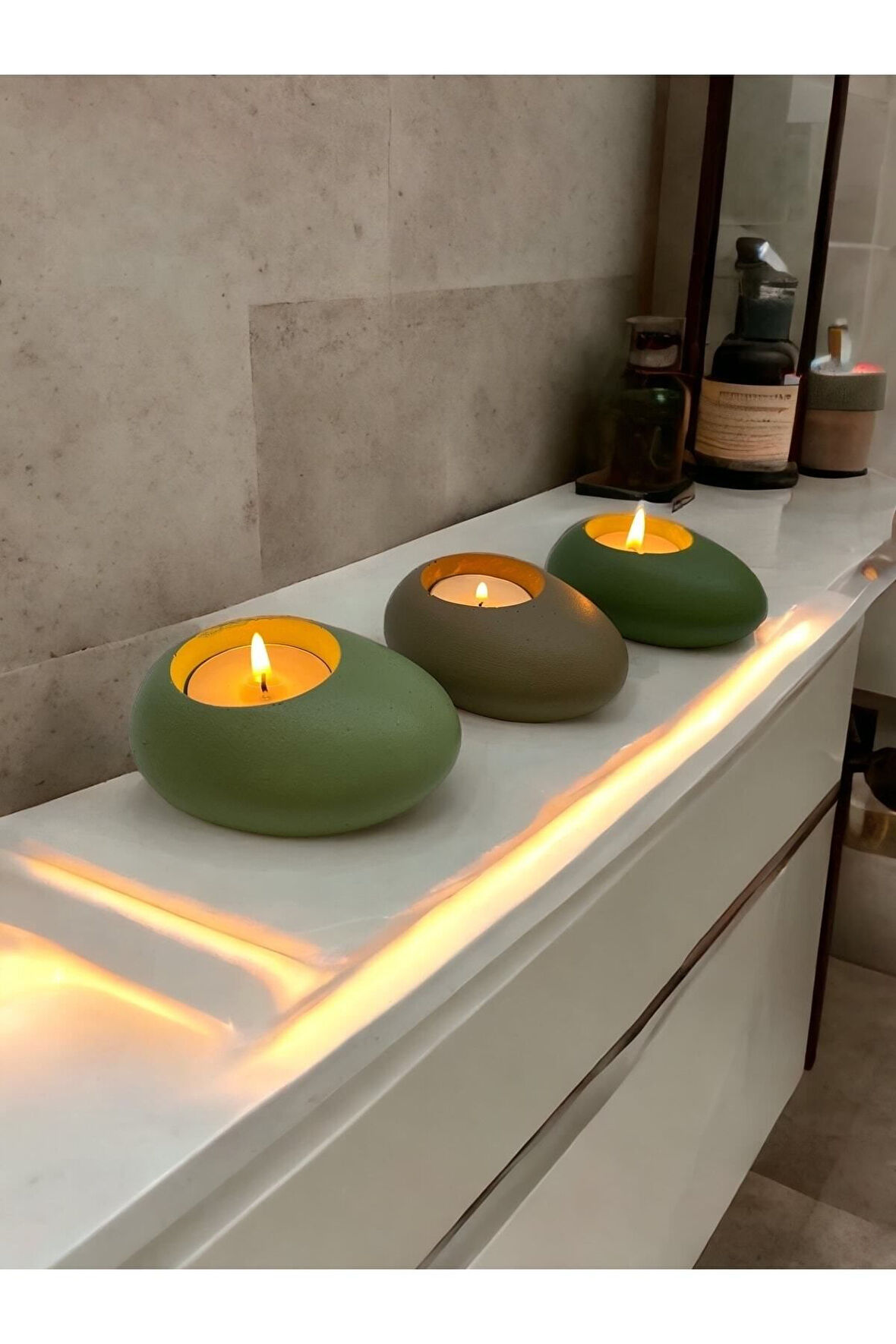 Three Drops Minimal Dekoratif Beton Tealight Mumluk 3'lü Set | Mint Yeşil-Vizon-Avokado |