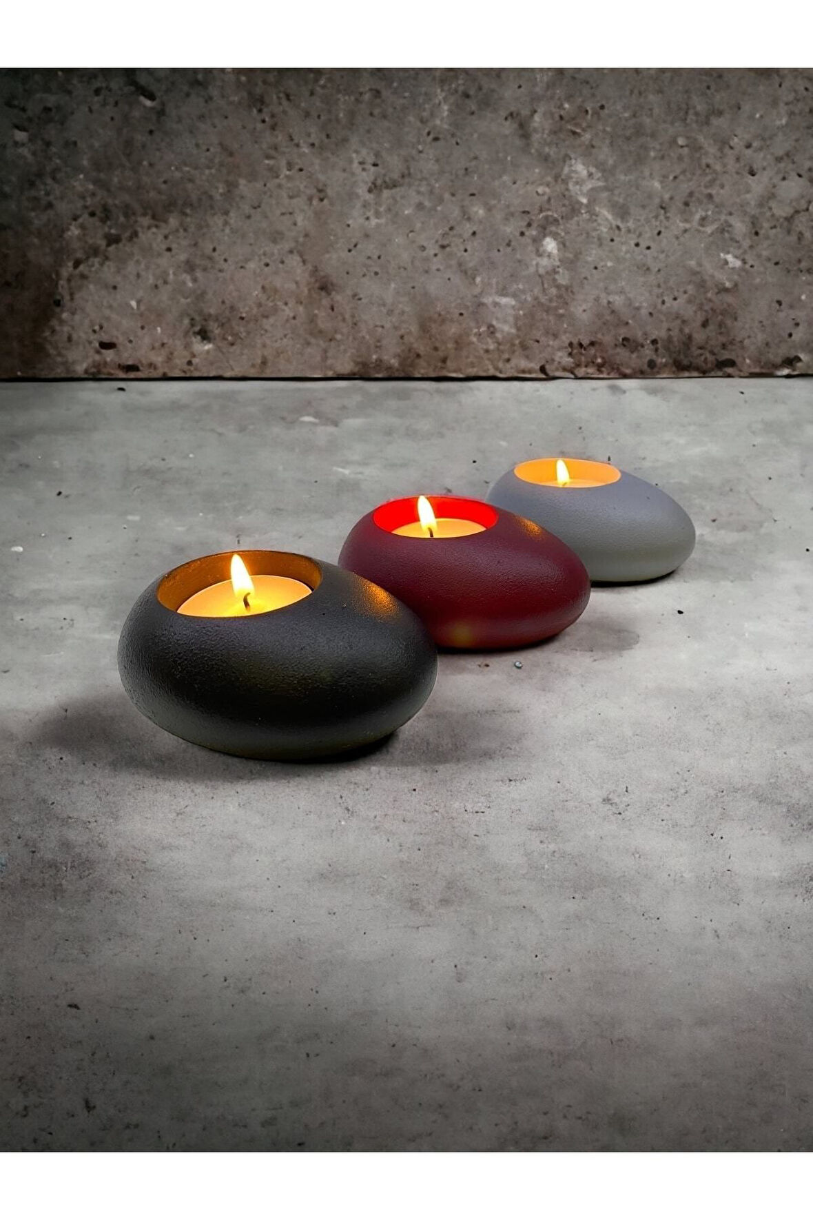 Three Drops Minimal Dekoratif Beton Tealight Mumluk 3'lü Set | Siyah-Bordo-Gri |