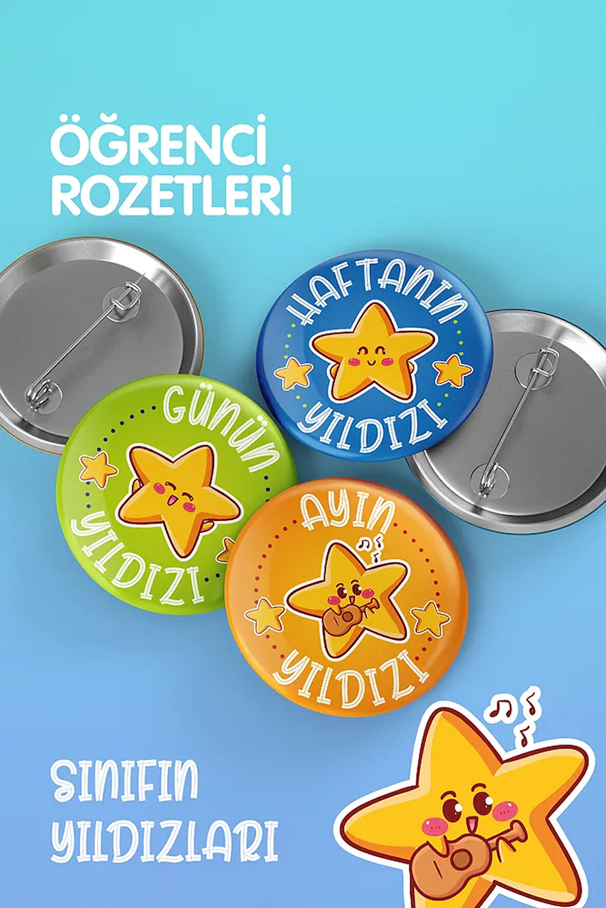 Öğrenci Rozet Seti- Sınıfın Yıldızları - İğneli Buton Rozet Seti -Broş - Yaka - Çanta Rozet. 3 Adet