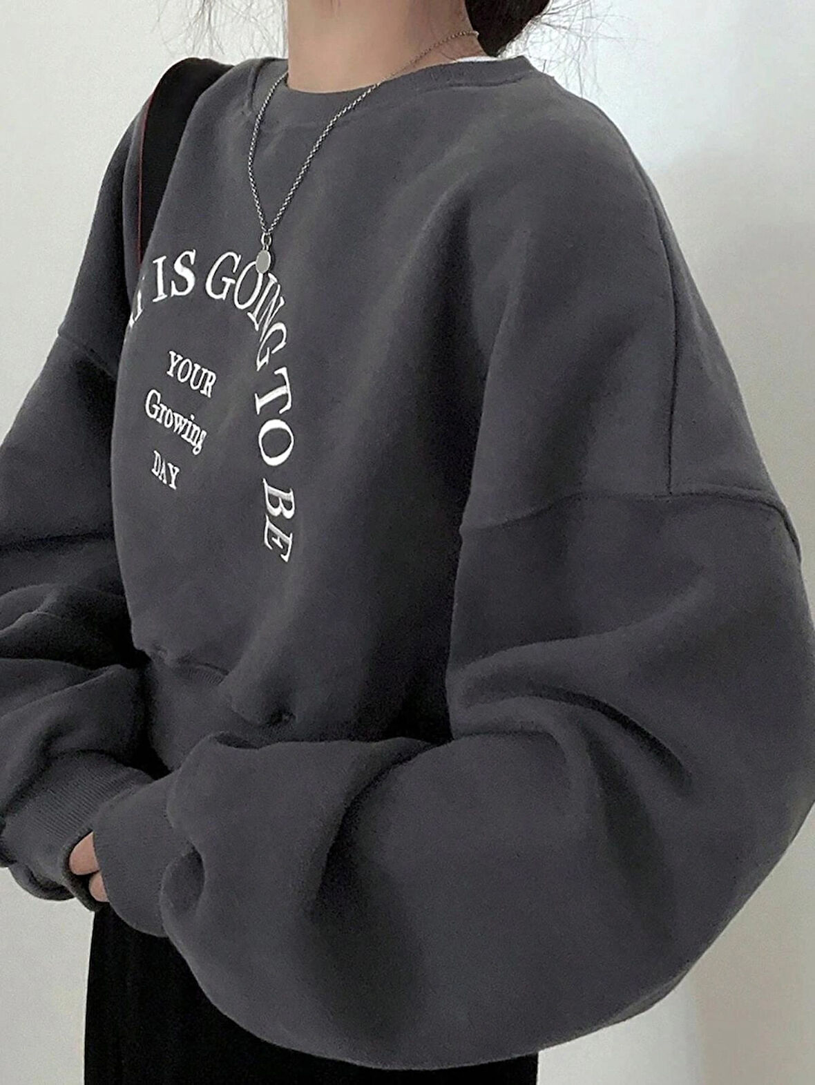 Kadın Füme Today Baskılı Oversize Bisikletyaka Crop Sweatshirt