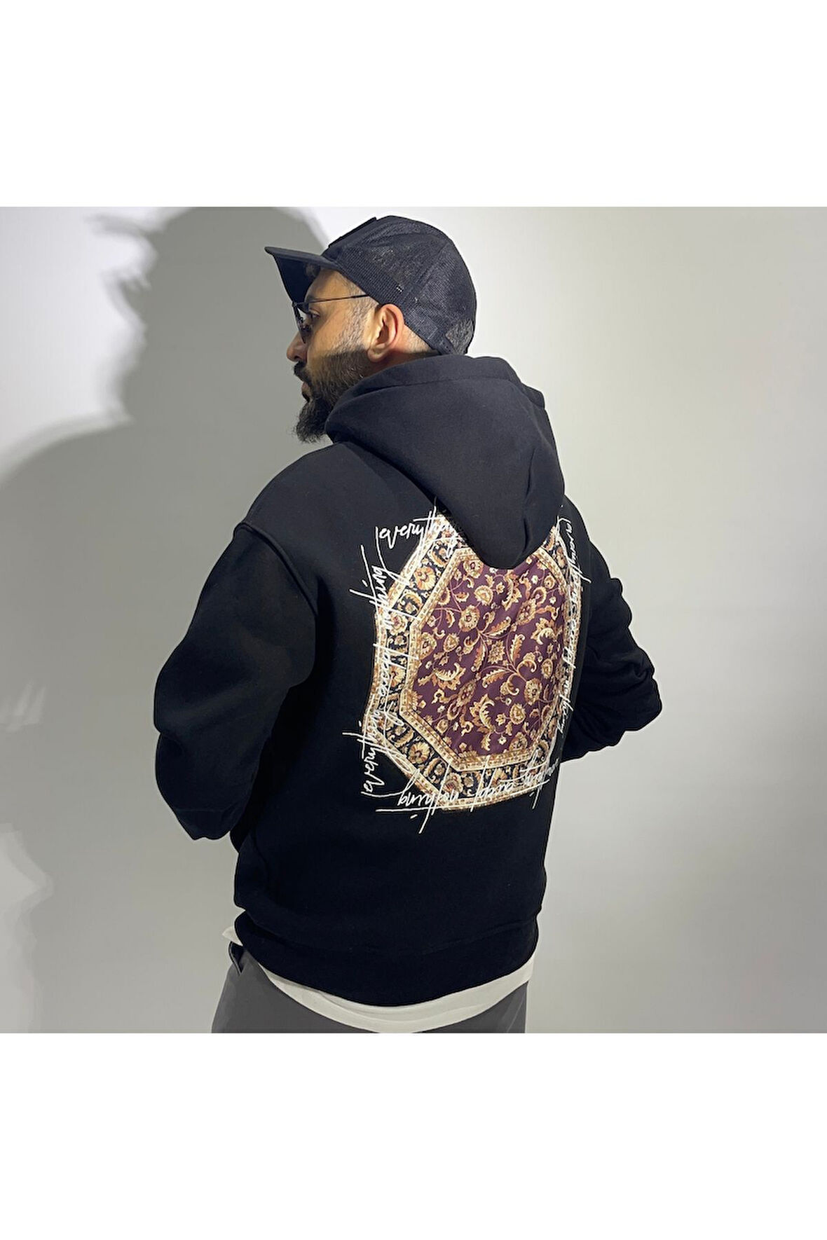 Otantik Kumaş Baskılı Oversize Erkek Hoodie