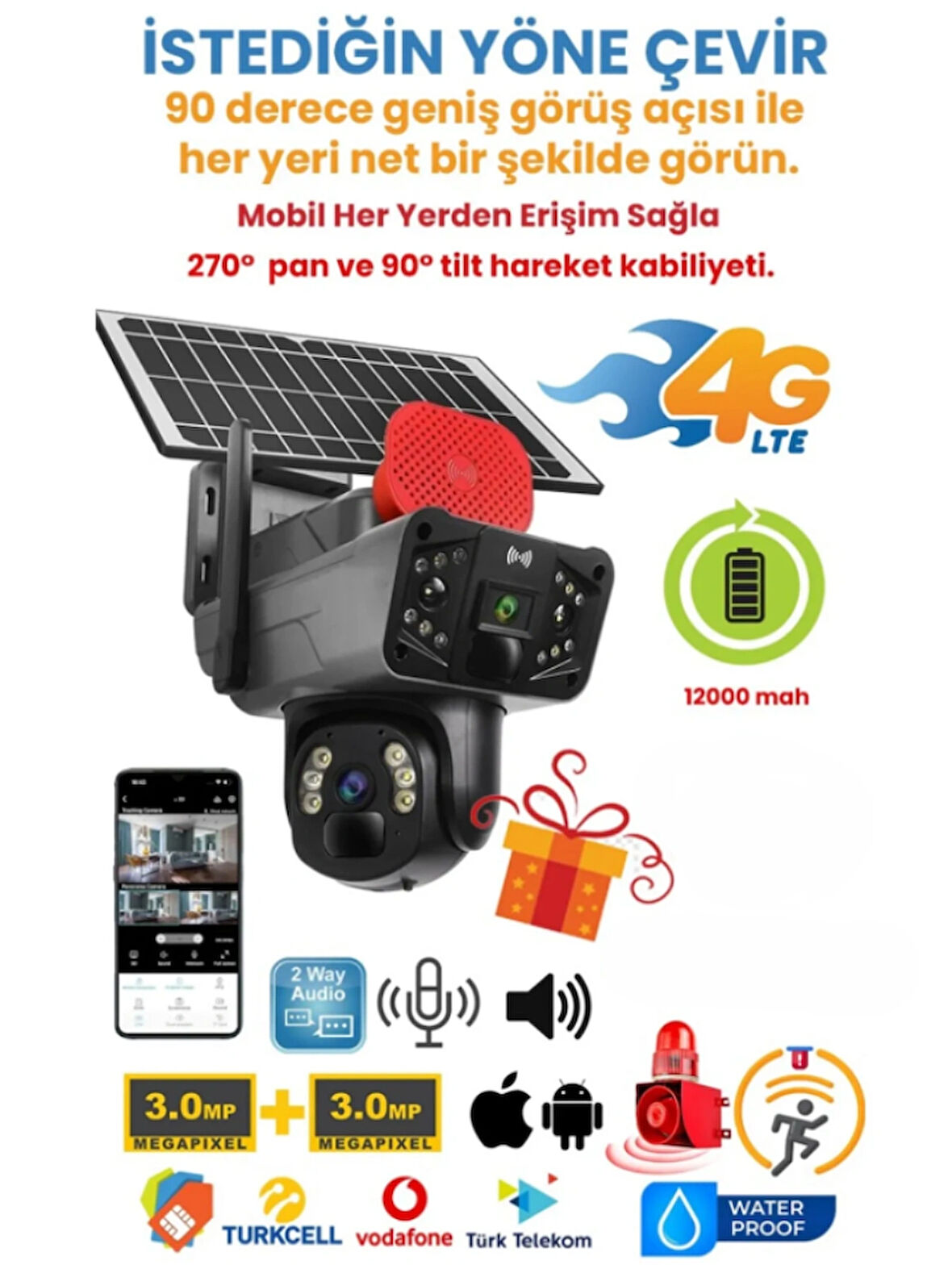 O-KAM 3915 Solar Panelli, Güneş Enerjili, SIM Kartlı 4G, 6MP Çift Lens PTZ Hareket Algılamalı Güvenlik Kamerası