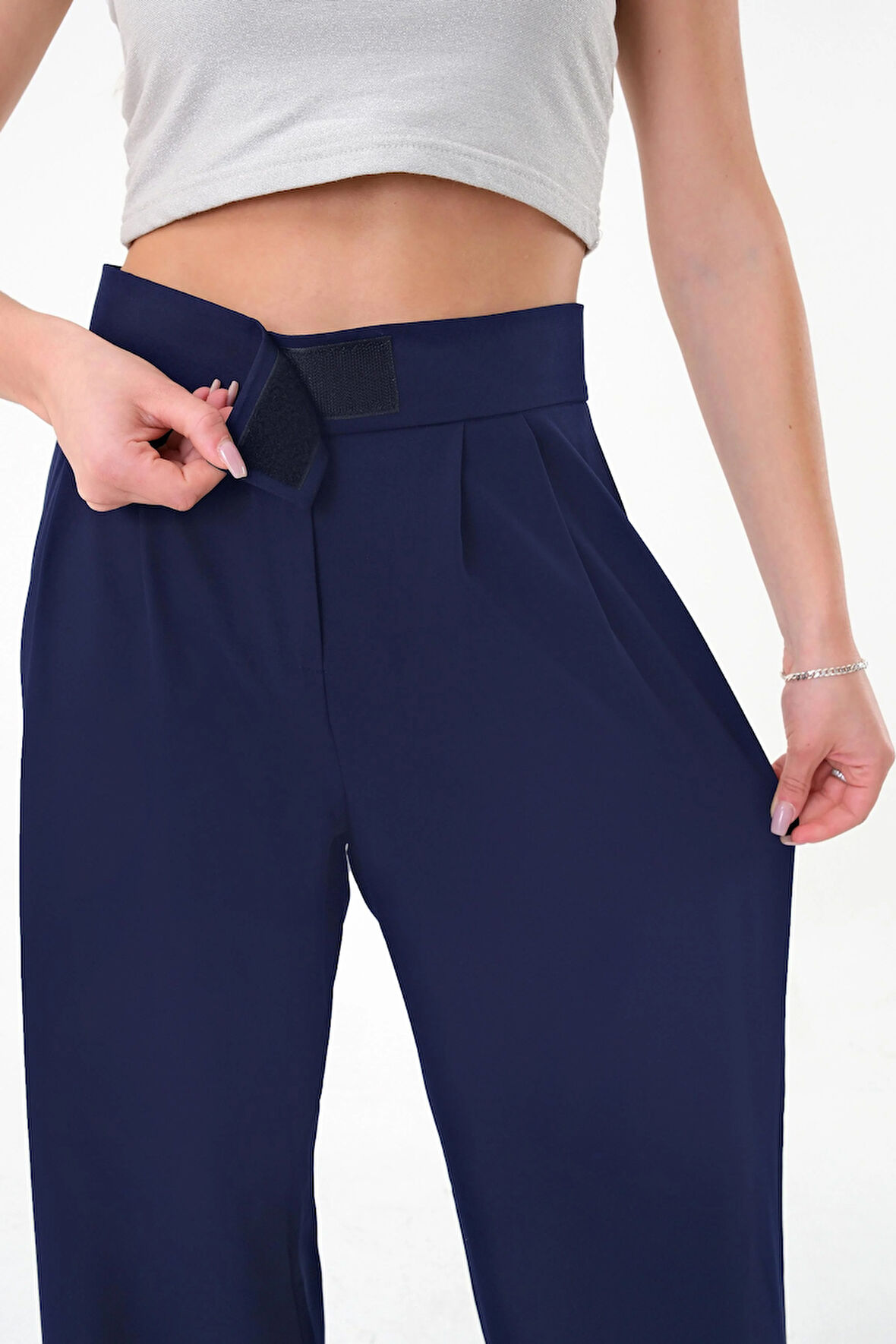 Kadın Lacivert Yüksek Bel Cırtlı Palazzo Pantolon