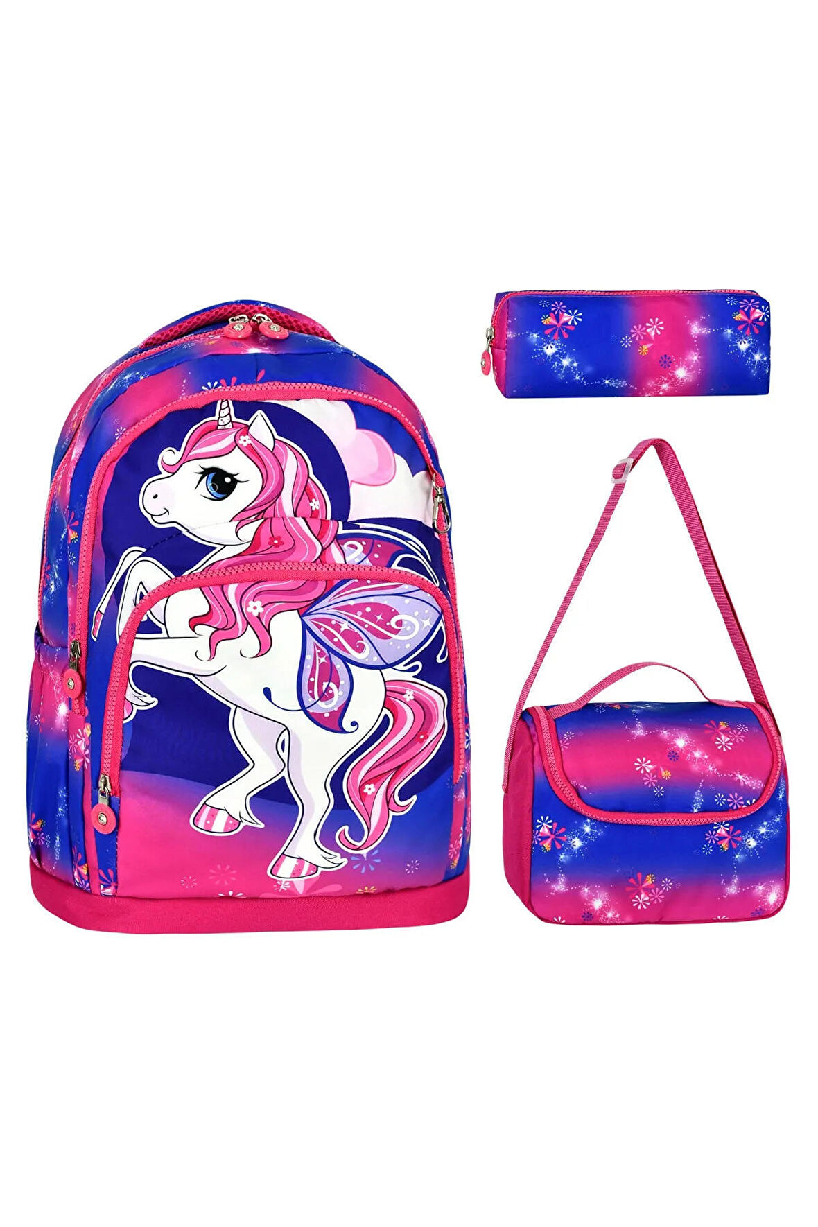 OPTİZON UNICORN Desenli ÜÇLÜ KIZ İLKOKUL Okul Çantası FULL SETİ (ÇANTA TERMAL BESLENME ÇANTASI KALEMLİK)