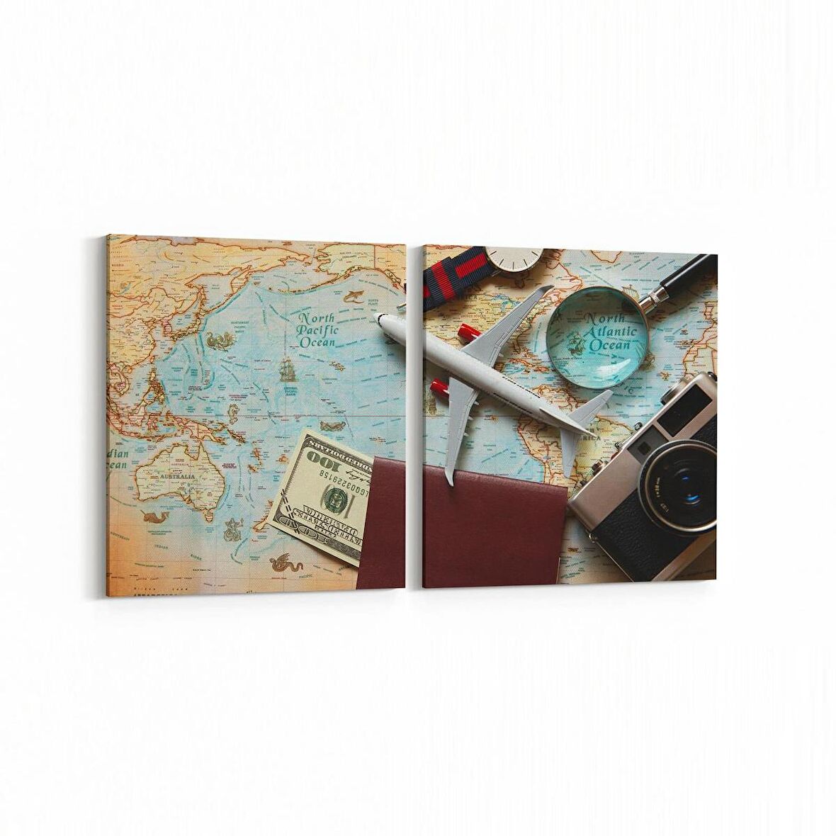 Olla 16164K2Y Harita Görseli Kare 2'li Yatay Kanvas Tablo (Ölçü: 145X70)