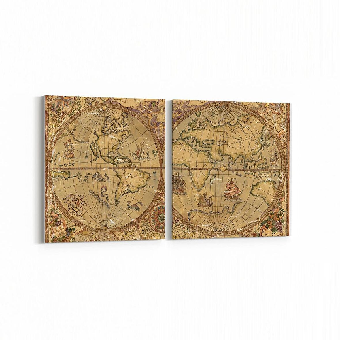 Olla 16215K2Y Harita Görseli Kare 2'li Yatay Kanvas Tablo (Ölçü: 125X60)