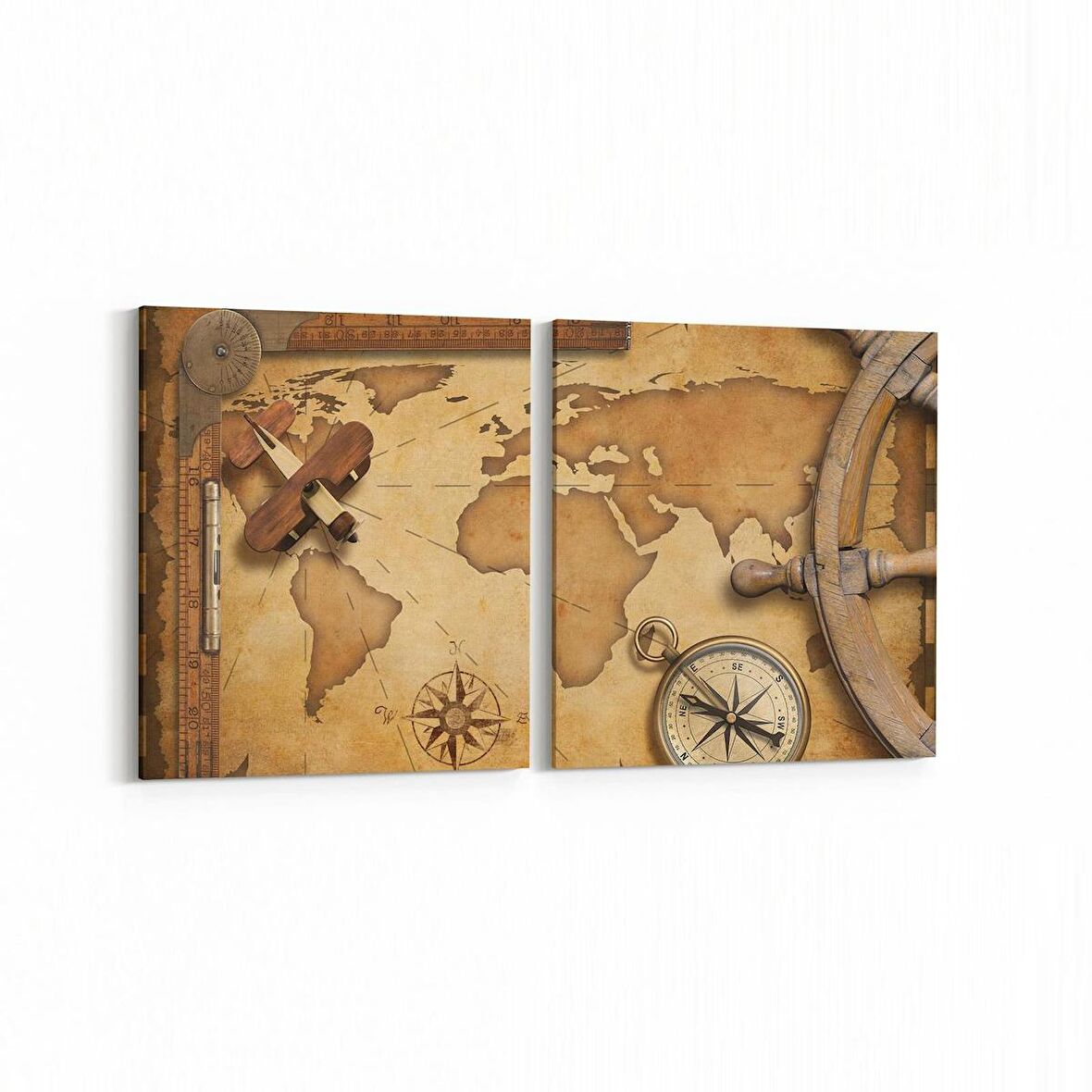 Olla 16224K2Y Harita Görseli Kare 2'li Yatay Kanvas Tablo (Ölçü: 105X50)