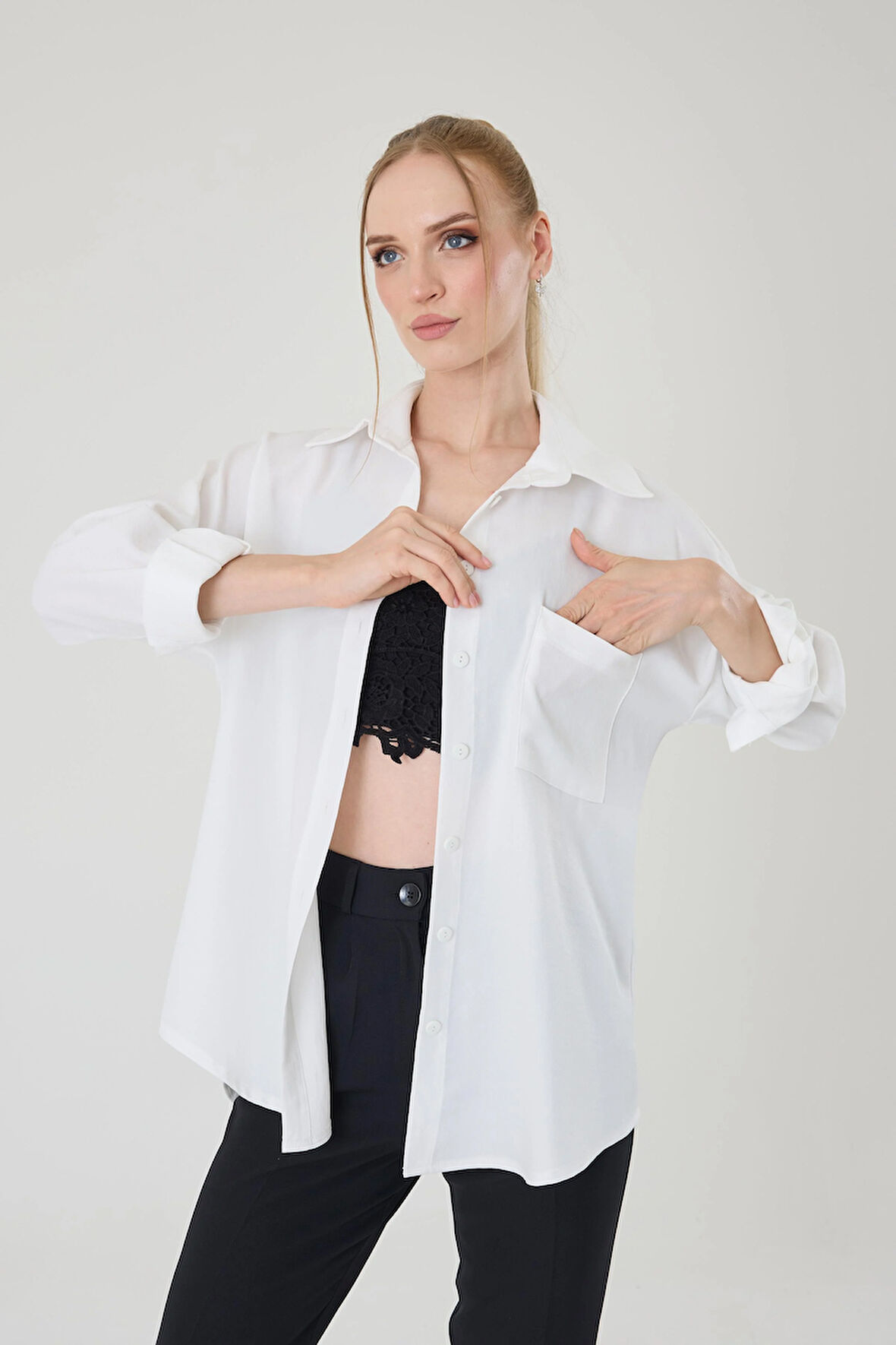 Tek Cepli Oversize Keten Gömlek- Beyaz