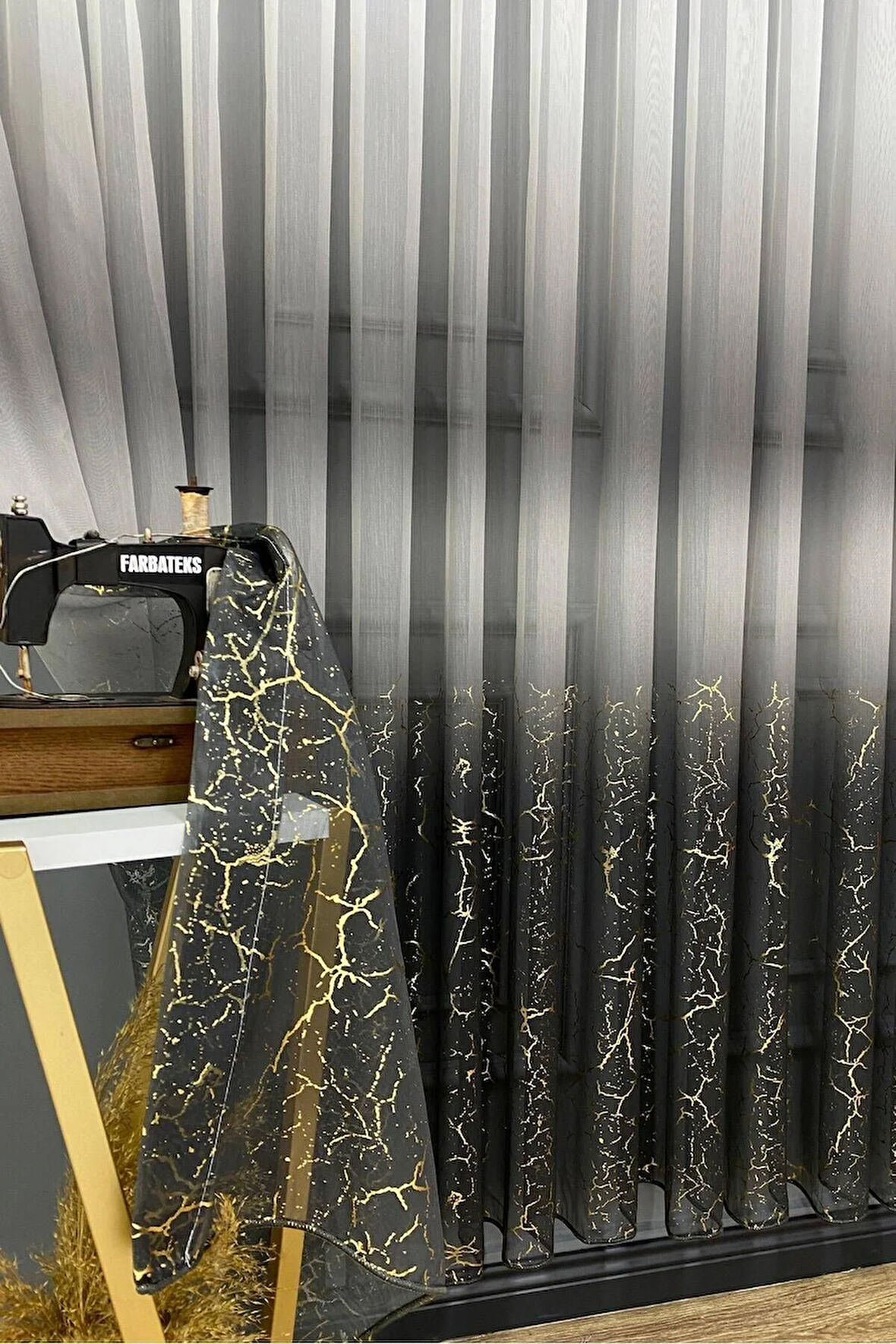 Olympos Gri Antrasit Altın Gold Varaklı Renk Yeni Moda 3Kat Pileli Tül Perde