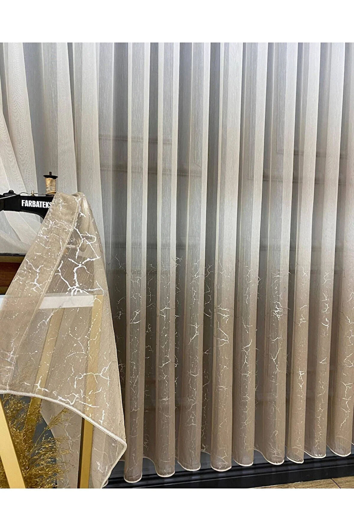 Olympos Vizon Bej Gri Gümüş Varaklı Renk Yeni Moda 3Kat Pileli Tül Perde