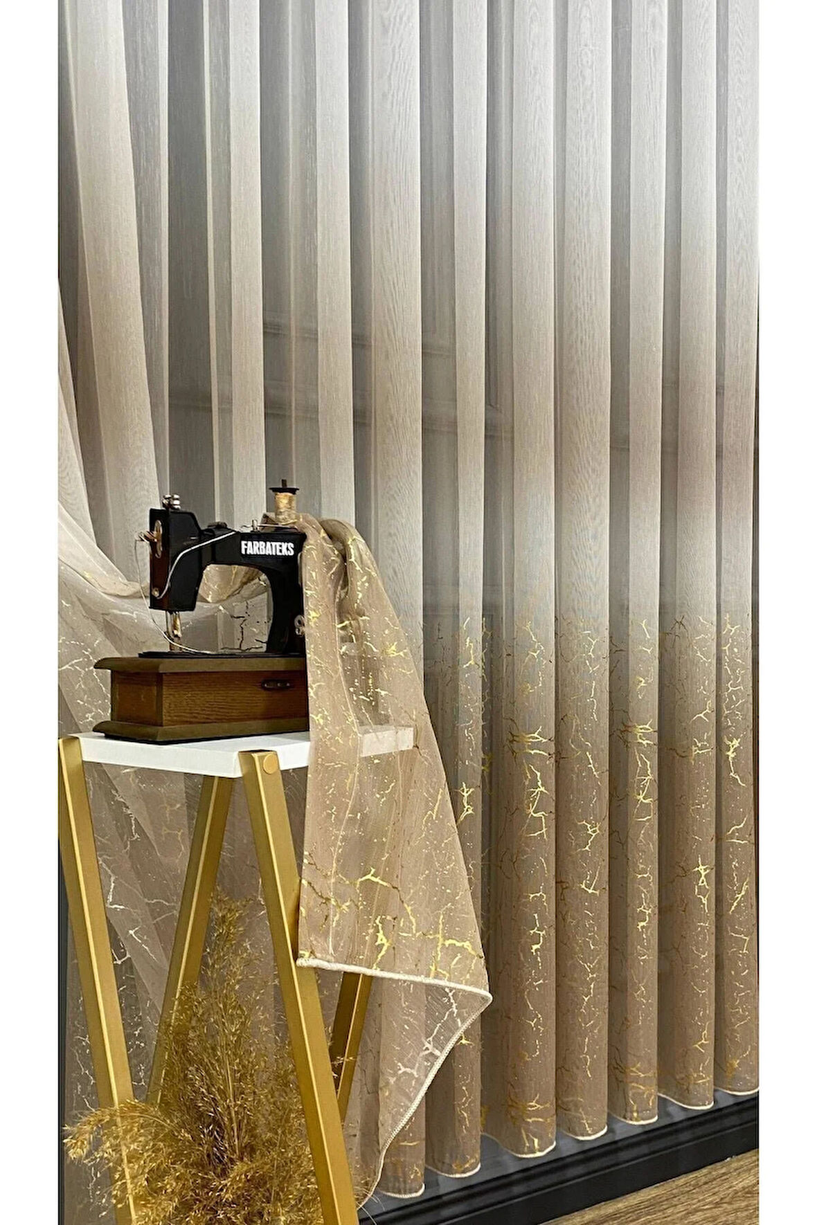 Olympos Vizon Bej Gold Varaklı Renk Yeni Moda 3Kat Pileli Tül Perde