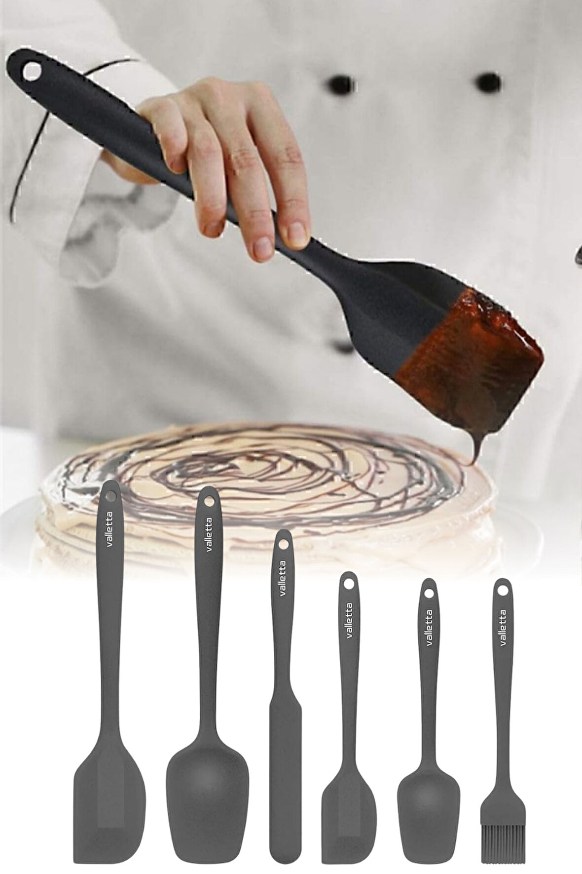 6'lı Silikon Mutfak Seti Yanmaz Yapışmaz Pasta ve Hamur Malzemeleri Spatula Kaşık Bıçak Yumurta Fırçası