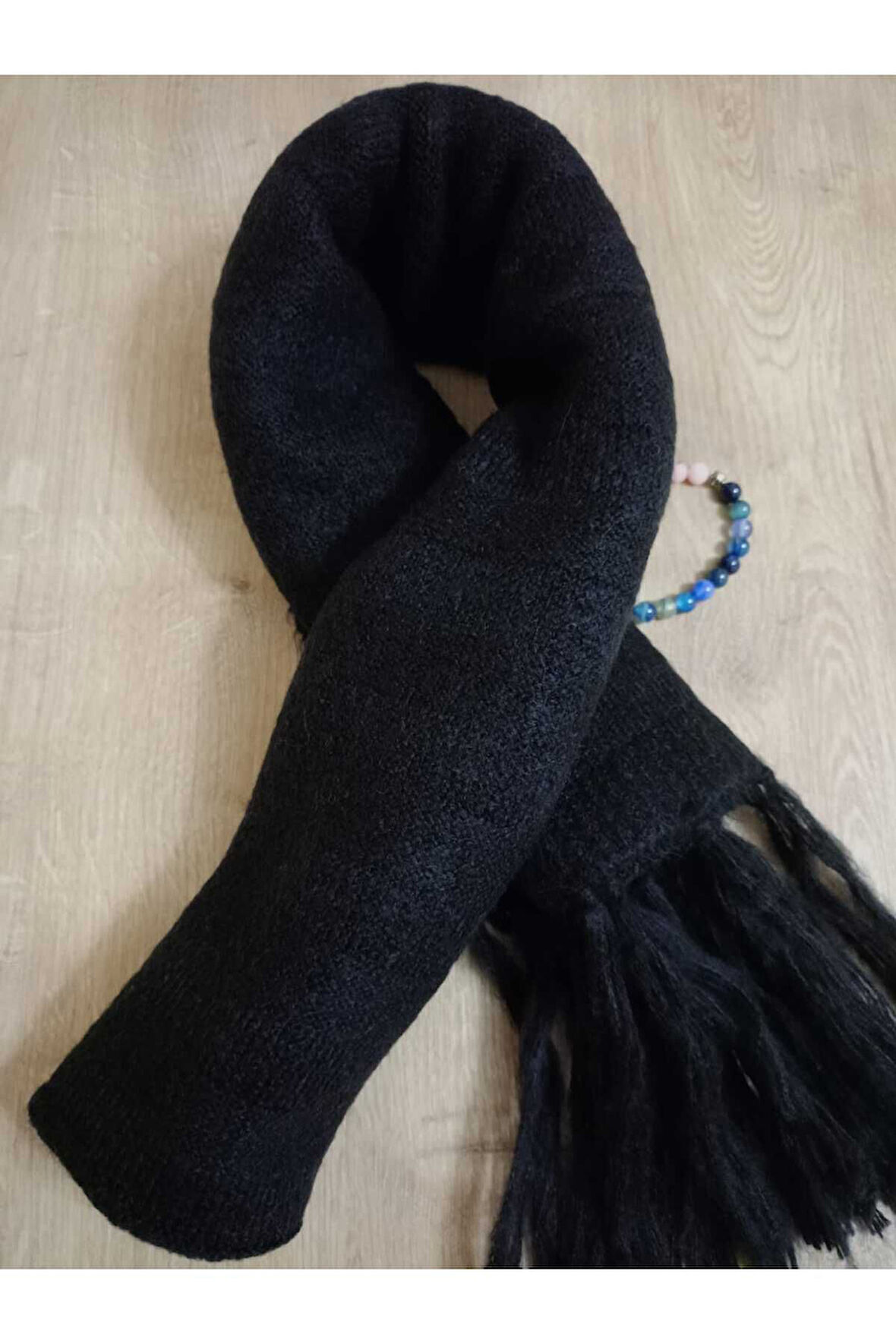 OmuzŞalı - Atkı  Örgü Yumuşak, Çift Taraflı Pofidik Siyah Kışlık Makina Örgüsü , 45 X 180