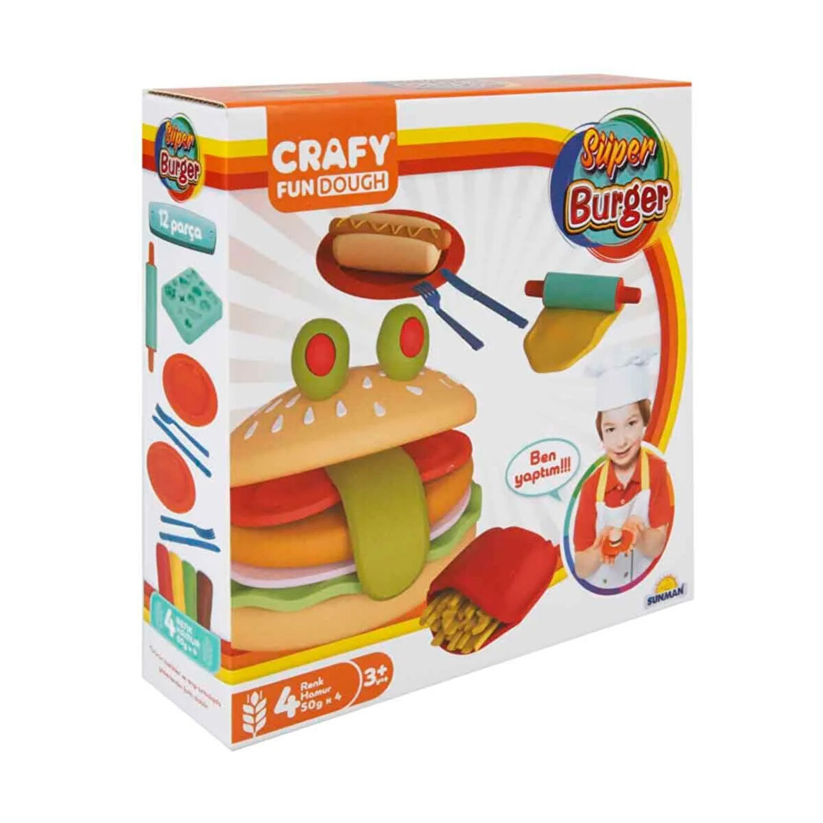 Kız Erkek Çocuk Oyuncak Crafy Süper Burger Oyun Hamuru Seti 200 gr. 12 Parça Kız Erkek Çocuk Oyuncak