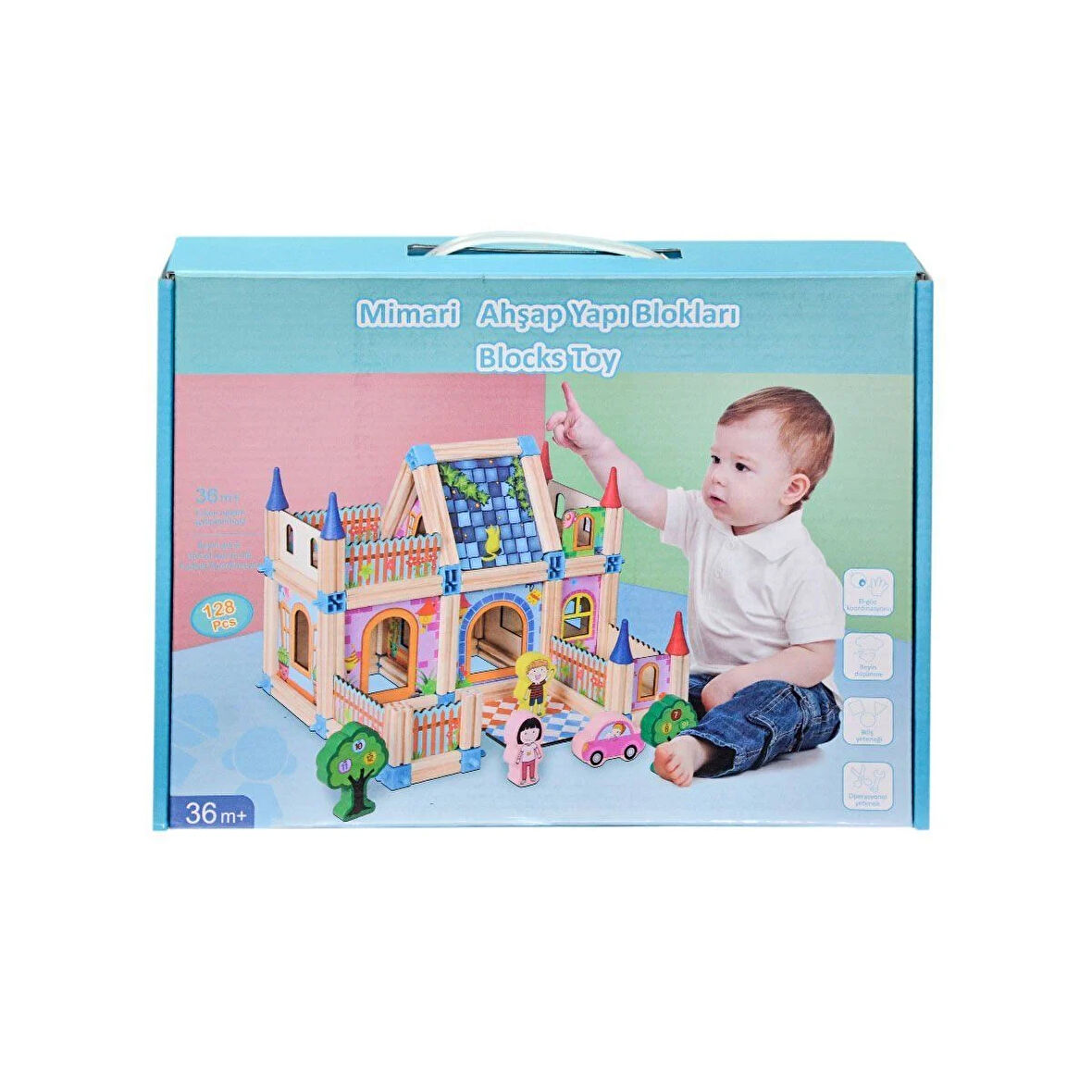 Kız Erkek Çocuk Oyuncak KZL-2102102 Ahşap Mimari Yapı Blokları 128 Parça Kız Erkek Çocuk Oyuncak Eği