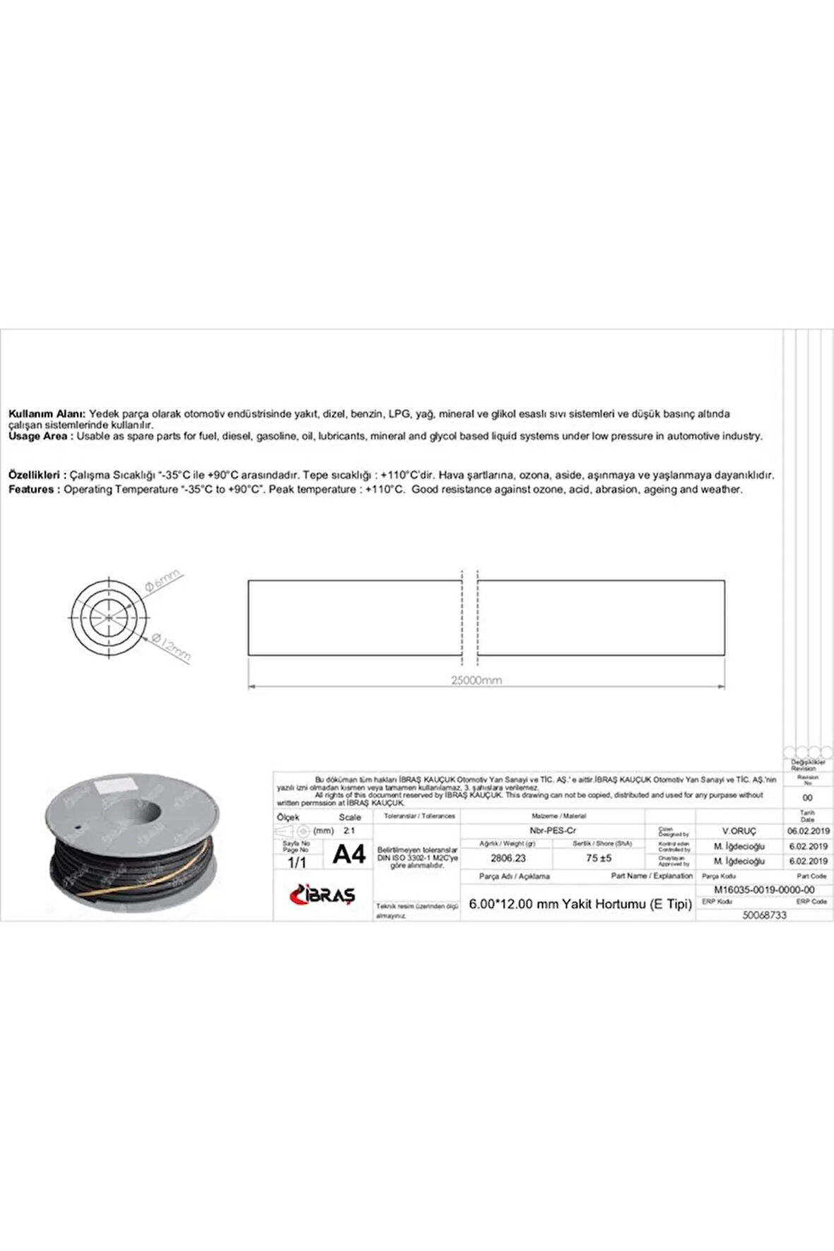 65653 Içten Örgülü Benzin Yakıt Hortumu 6 Mm X 12 Mm 1 Top 25mt
