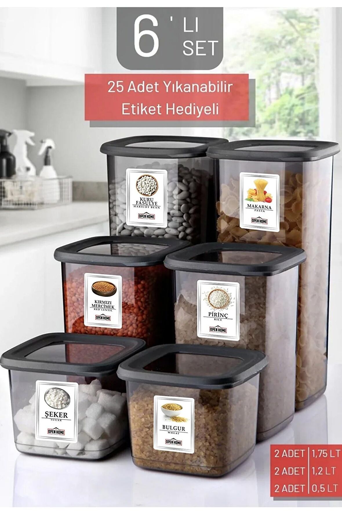 6'lı Set Etiketli, Kırılmaz Kare Erzak Saklama Kabı Antrasit X2 1,75 Lt/1,2 Lt/0,5 Lt