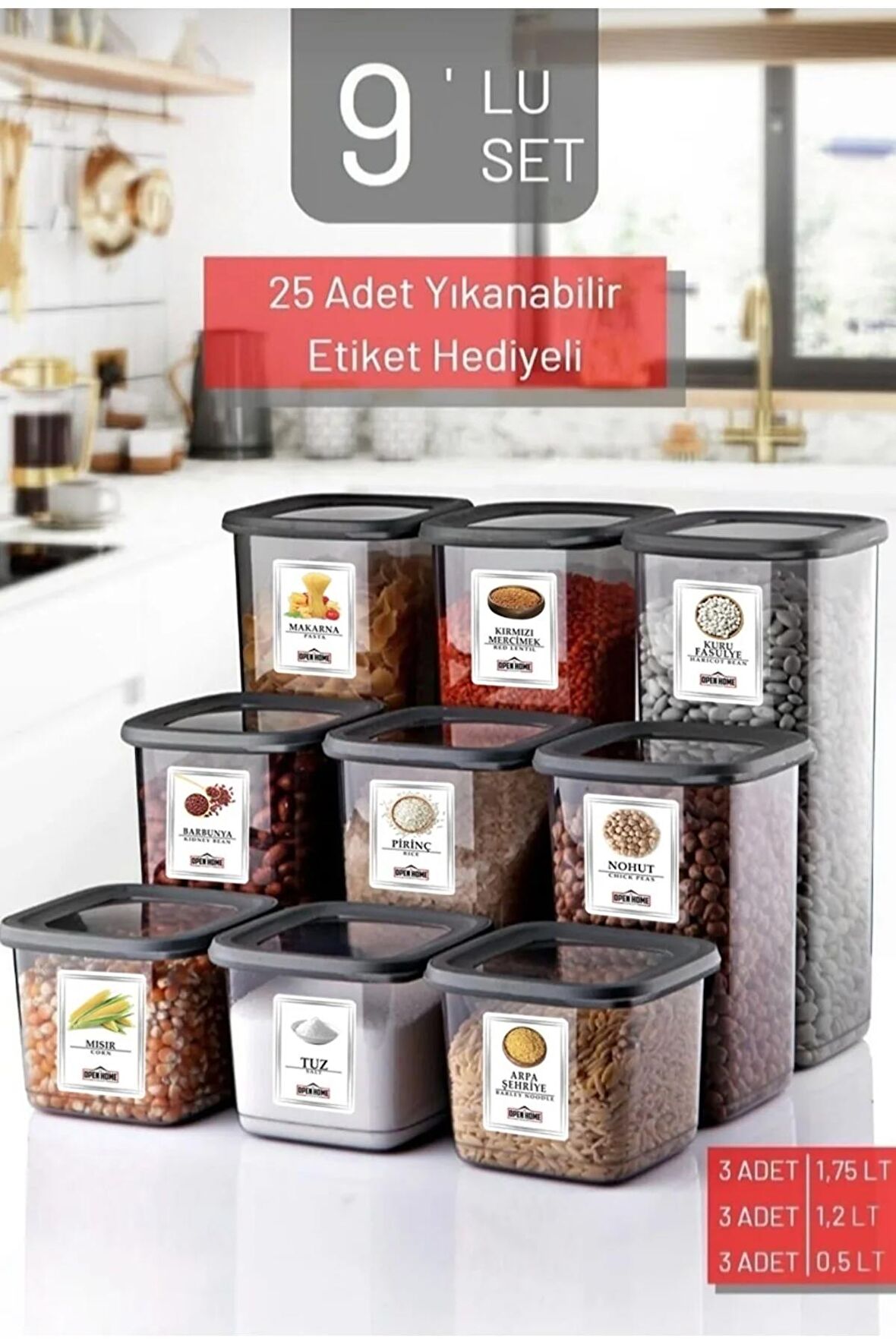 9'lu Set Etiketli, Kırılmaz Kare Erzak Saklama Kabı Antrasit X3 1,75 Lt/1,2 Lt/0,5 Lt