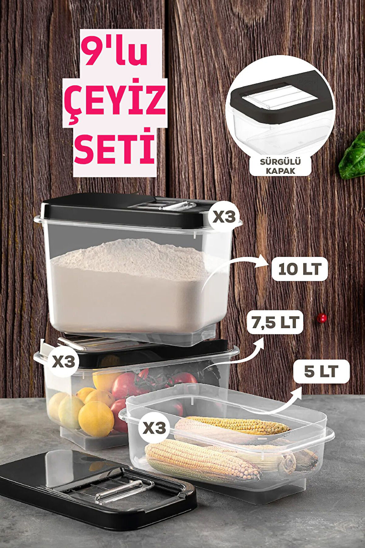 9'lu Çeyiz Seti - Bakliyat Saklama Kabı - Kayar Kapaklı Erzak Kabı Antrasit 3x(5 LT-7,5 LT-10 LT)