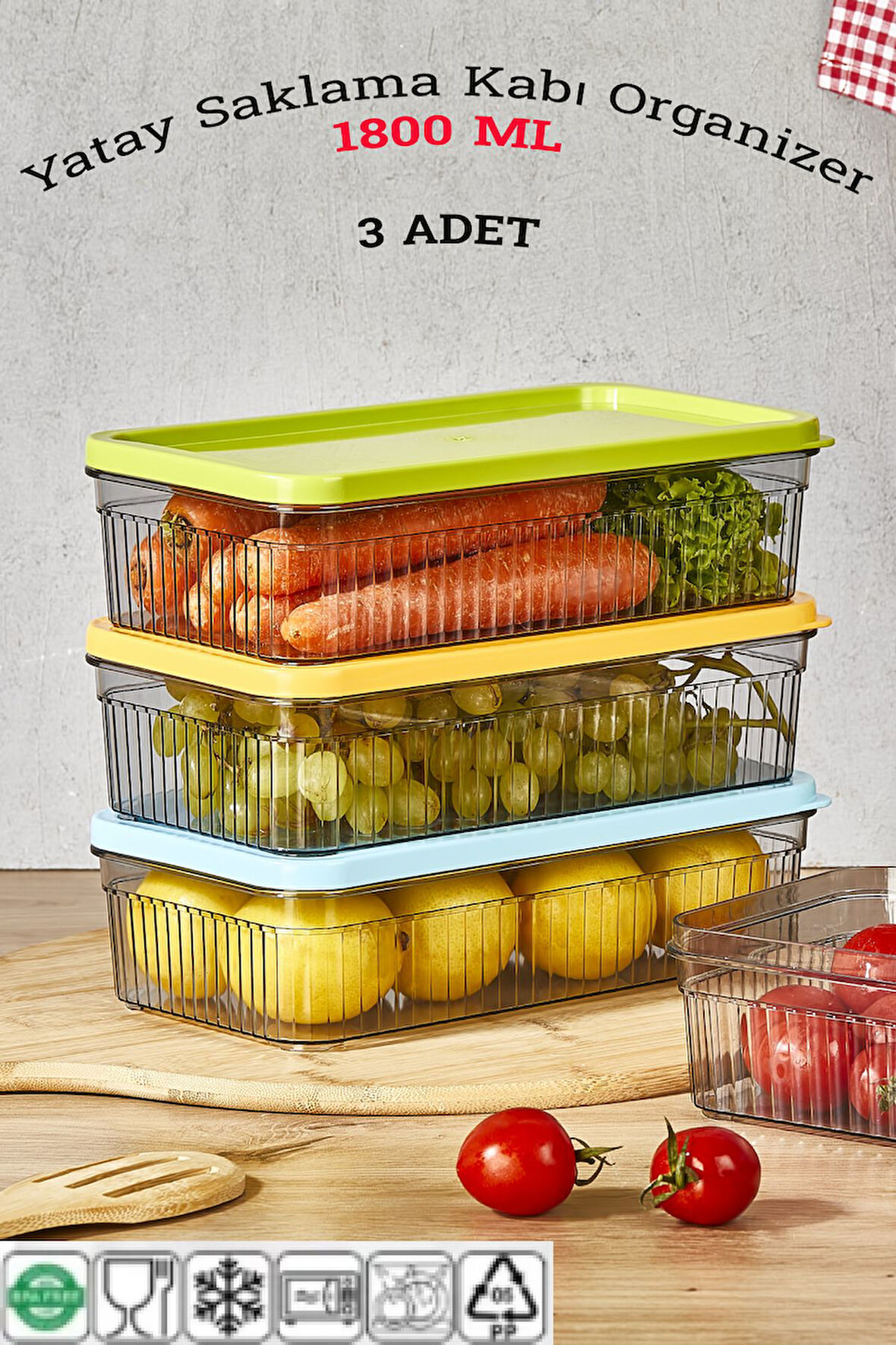 3'lü 1800 ml Buzdolabı Organizer -Saklama Kabı