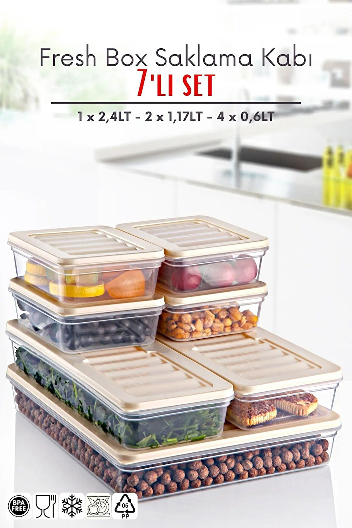 7'li Set Freshbox Mikroldaga Ve Difrize Uygun Saklama Kabı X1 2,4 Lt / X2 1,17 Lt / X4 0,6 Lt Krem