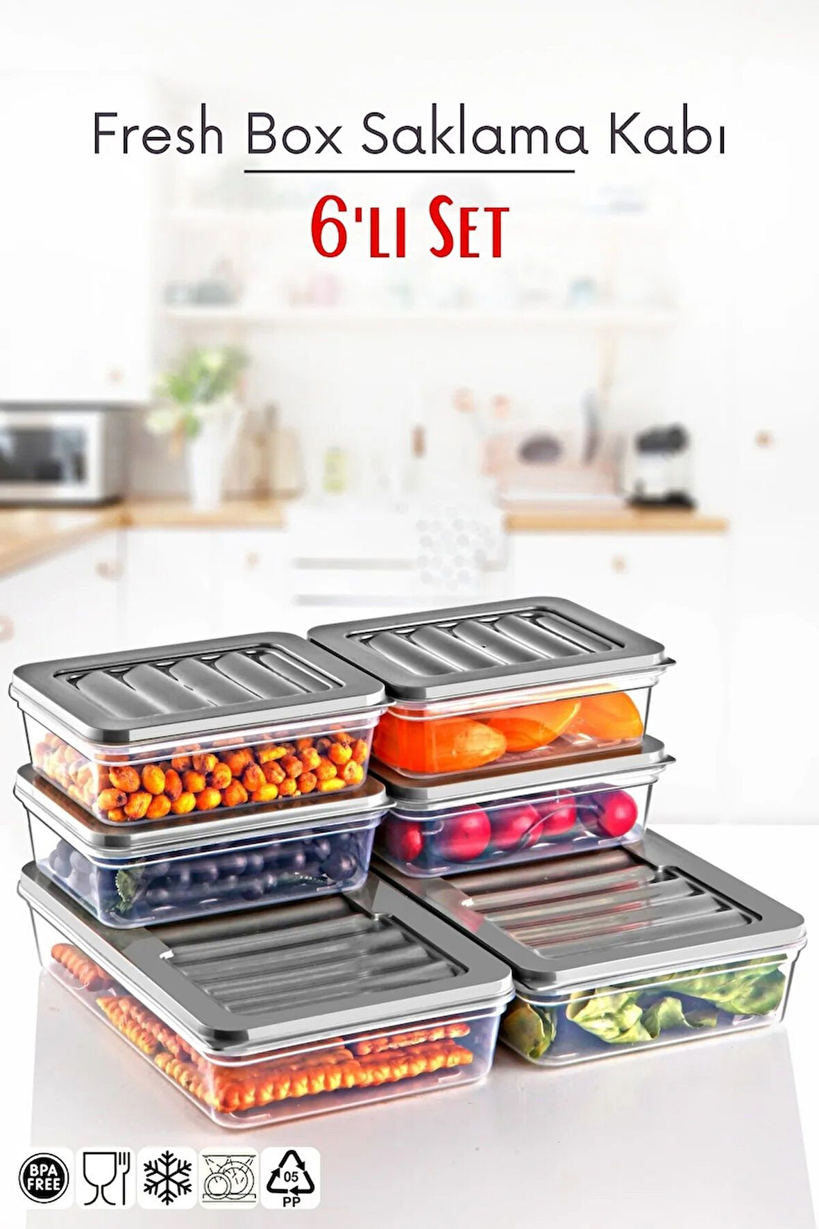 6 Lı Set Freshbox Mikrodalga Ve Difrize Uygun Saklama Kabı Set Gri