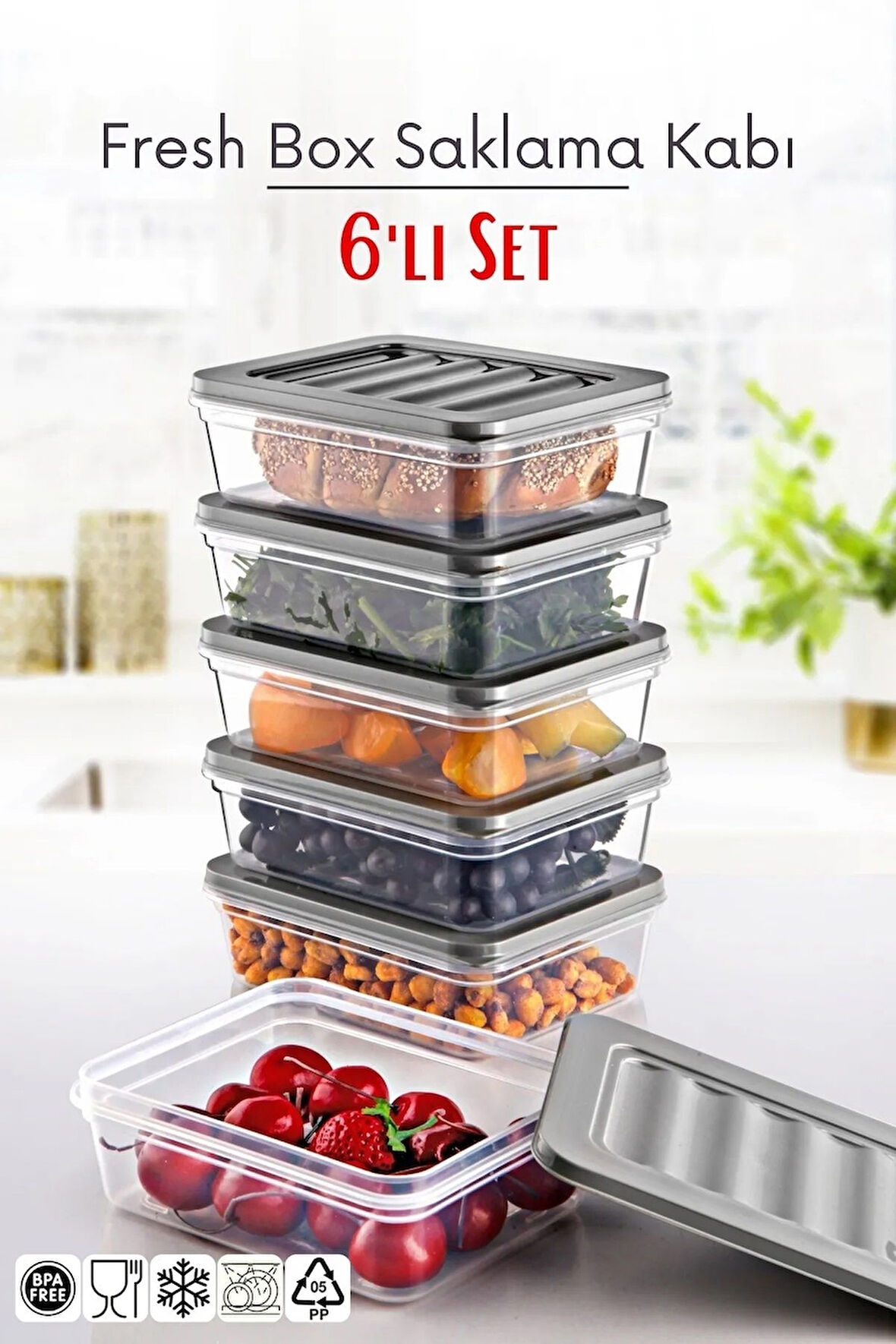 6 Lı Set Freshbox Mikrodalga Ve Difrize Uygun Saklama Kabı Set - X6 0,6 Lt Gri