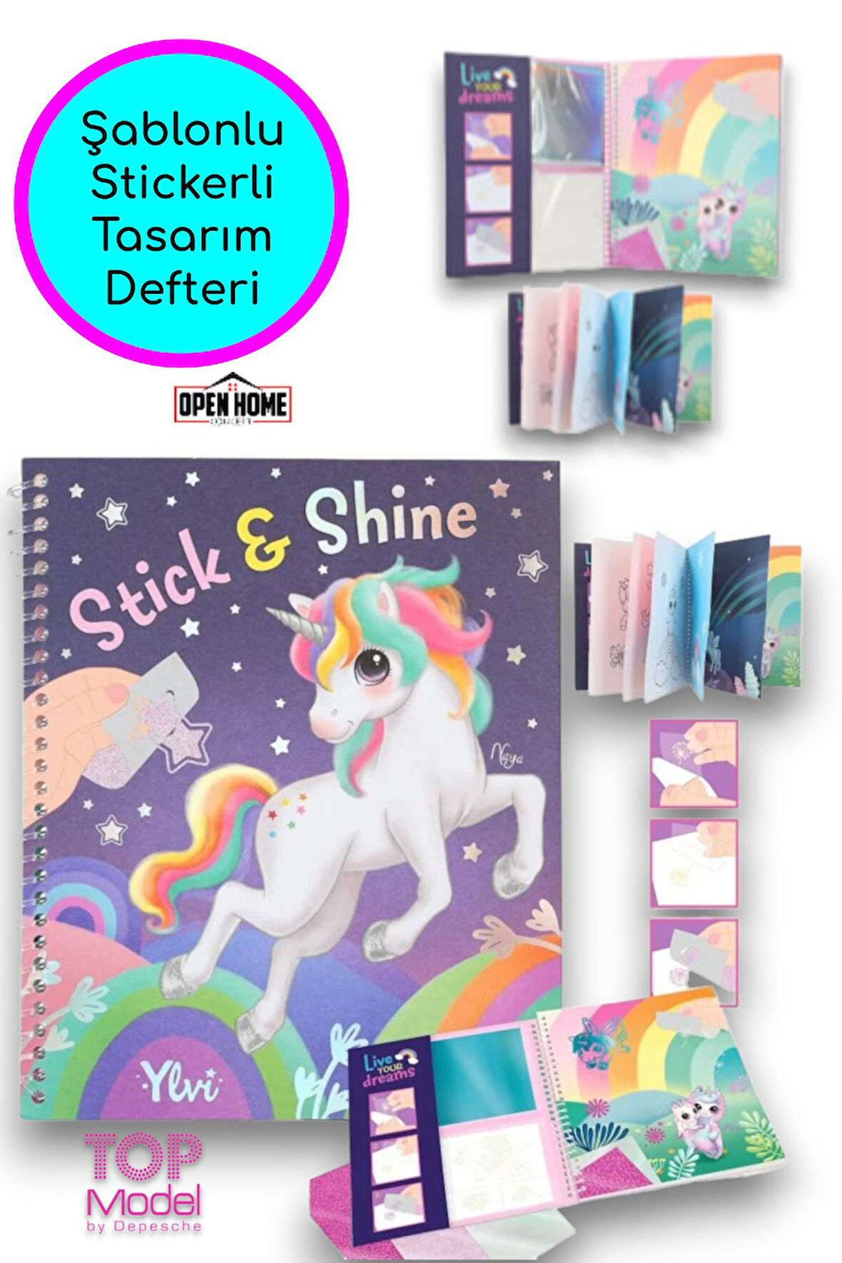 Top Model Unicorn Boyanabilir Şablonlu Stickerli Tasarım Defteri