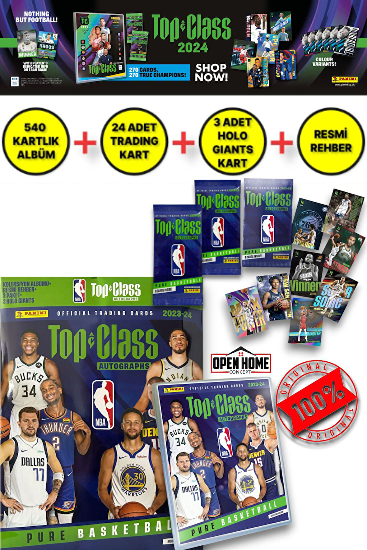 Panini Nba Top Class 2024 Koleksiyon Basketbolcu Kartı Albüm Dergisi (24Adet Kart+3Holo Giants Kart)