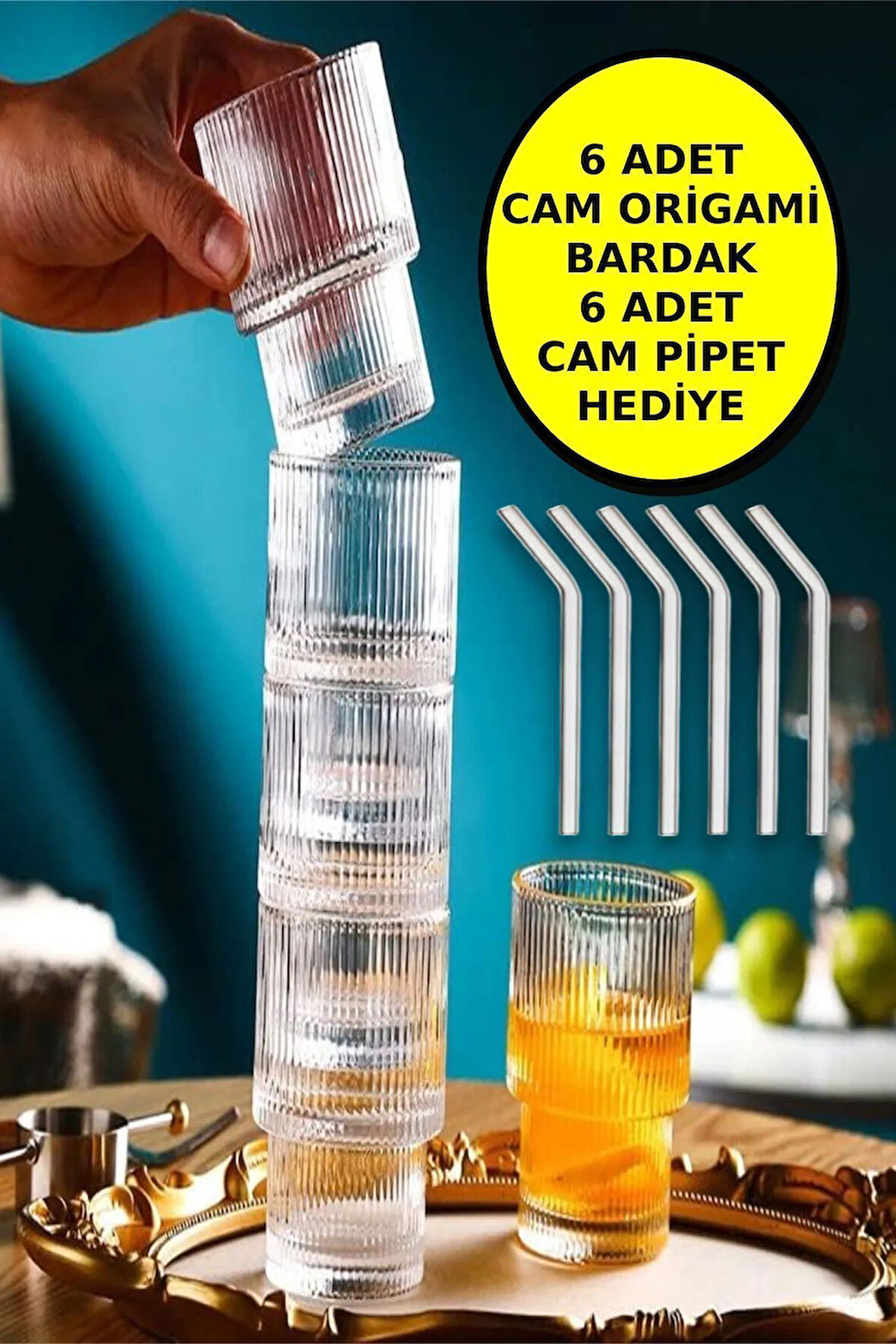 6'lı Origami Cam Model Borosilikat Kokteyl Meşrubat Bardak Seti 300 ml - 6 Adet Cam Pipet Hediyeli