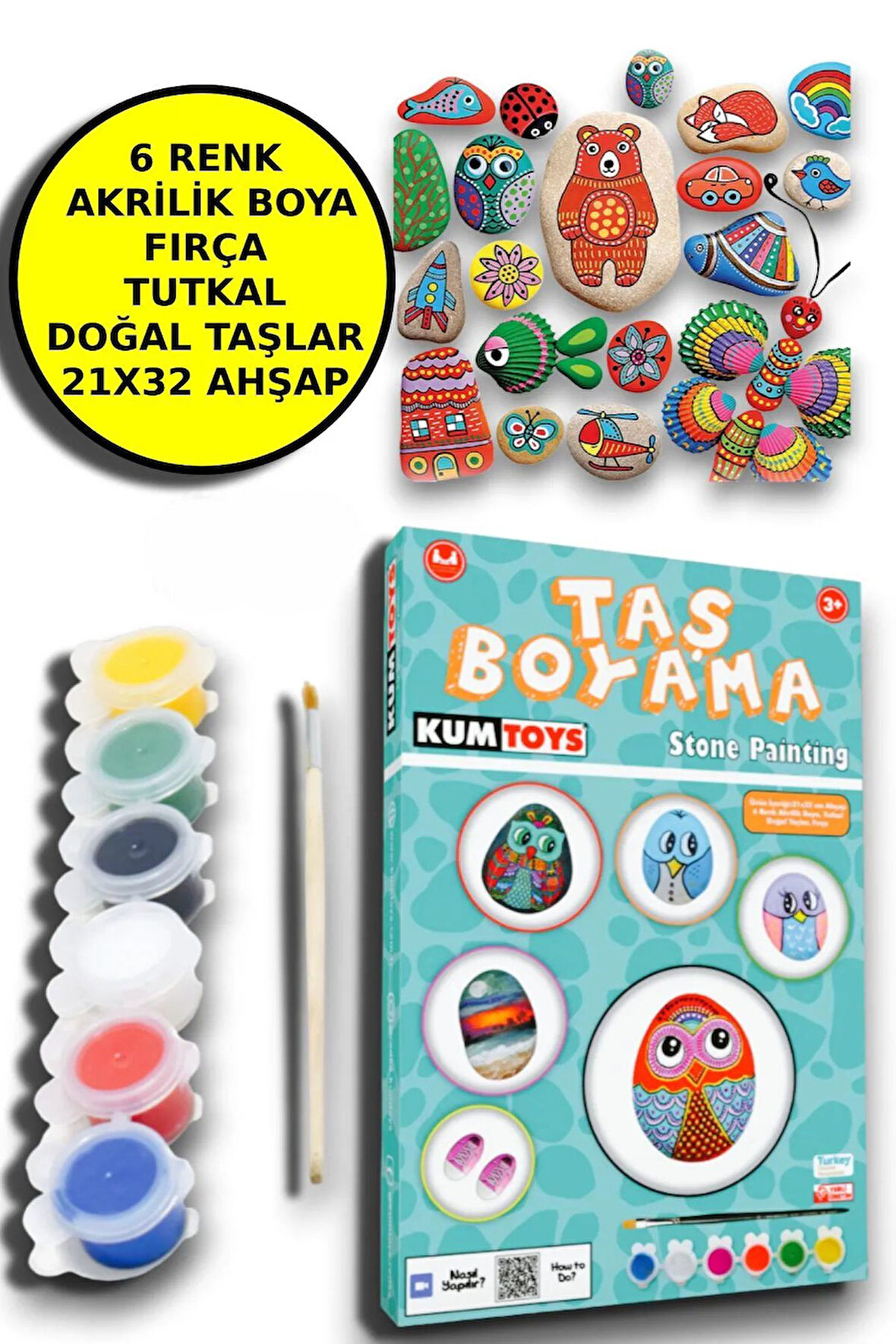 Taş Boyama Seti- Doğal Taşlar-Akrilik Boya-Fırça-Ahşap Hepsi Bir Arada Muhteşem Set