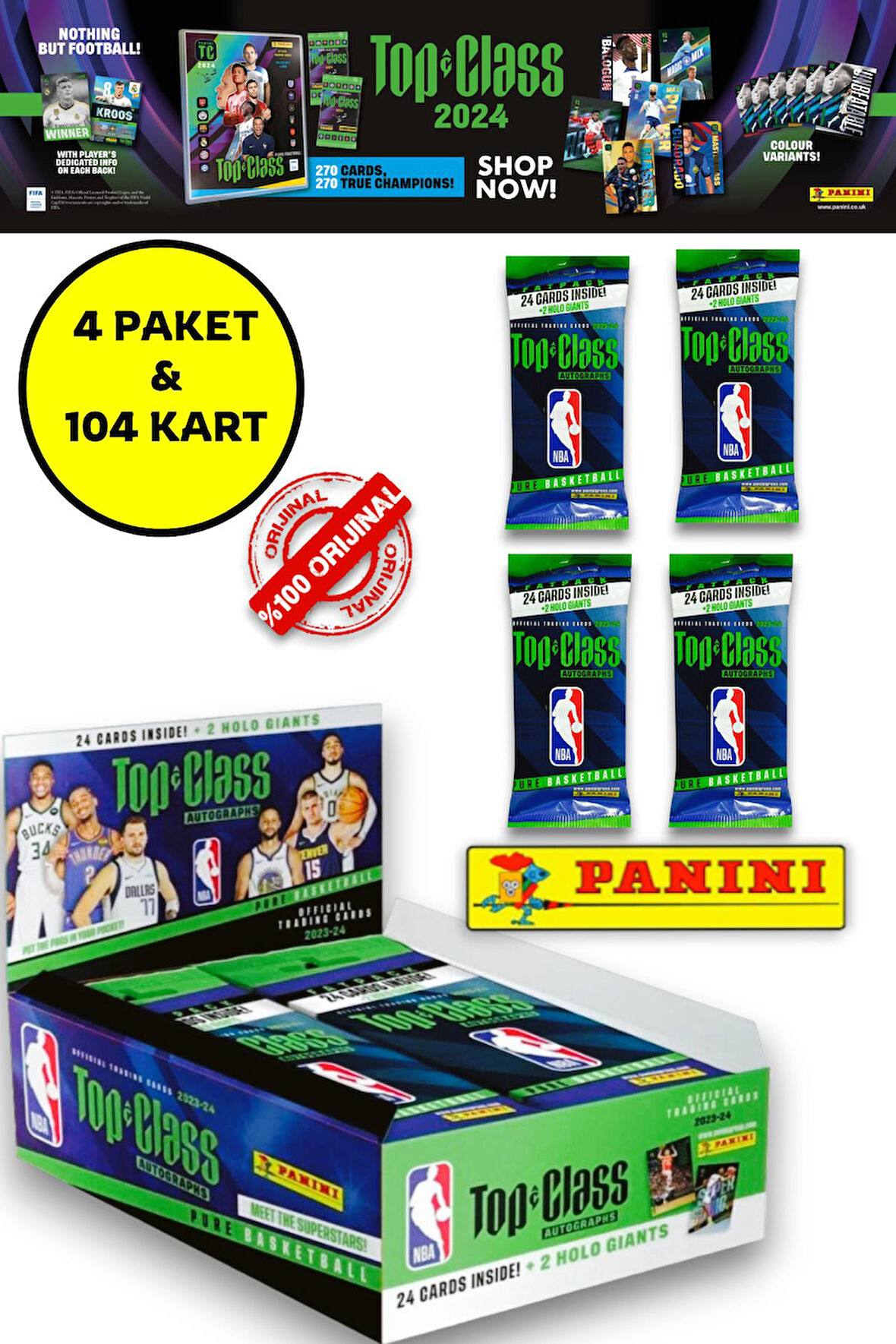 Panini Nba Top Class 2024 Fat Pack Nba Kartları + 4 Paket (96 Adet Kart + 8 Holo Giants Kart)