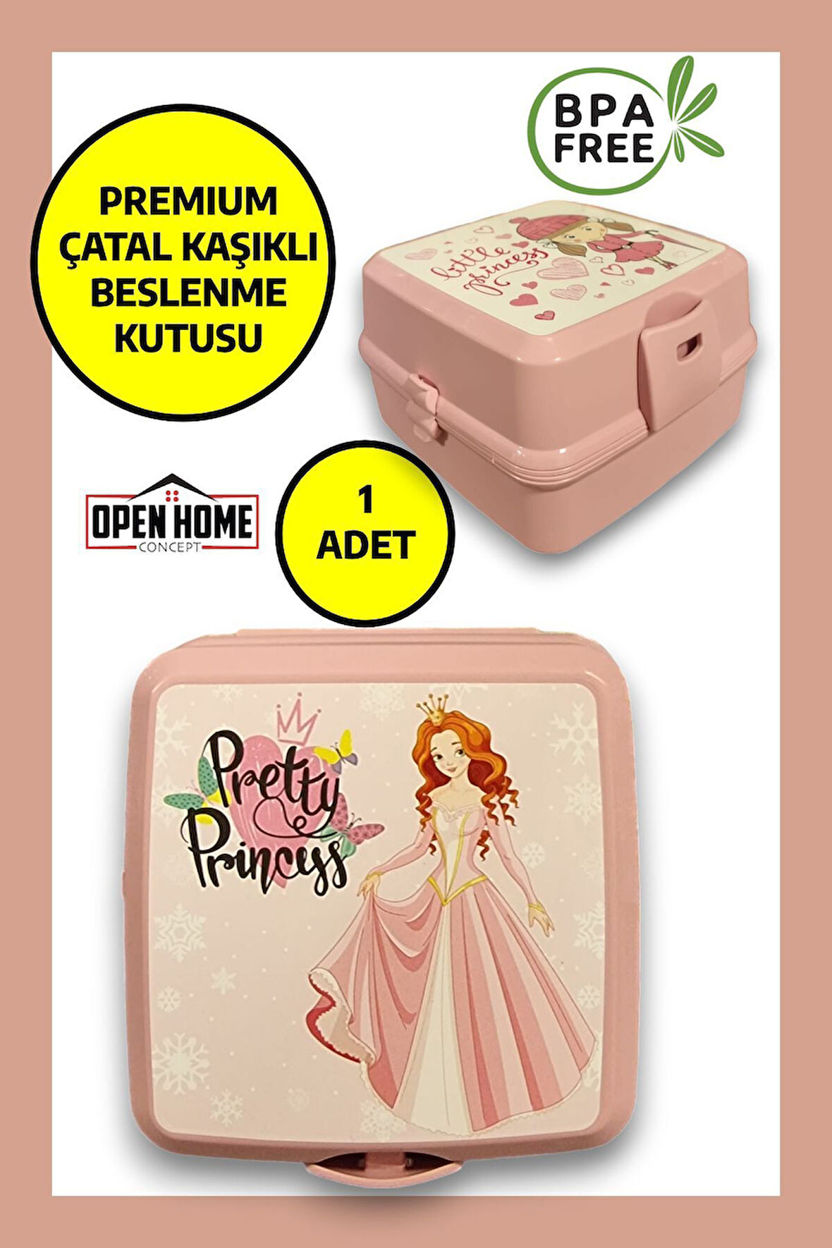 Premium Beslenme Kutusu 4 Bölmeli Pretty Princess Pembe