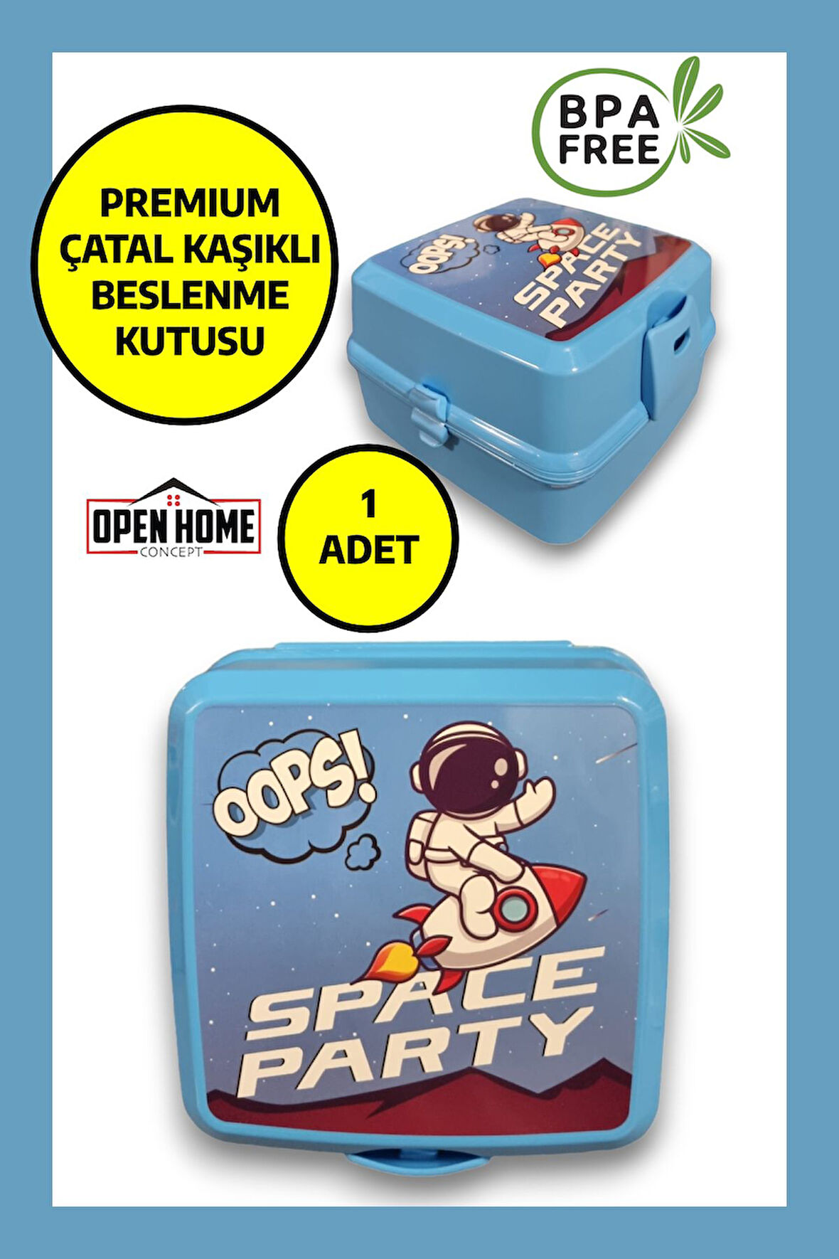 Premium Beslenme Kutusu 4 Bölmeli Space Party Mavi