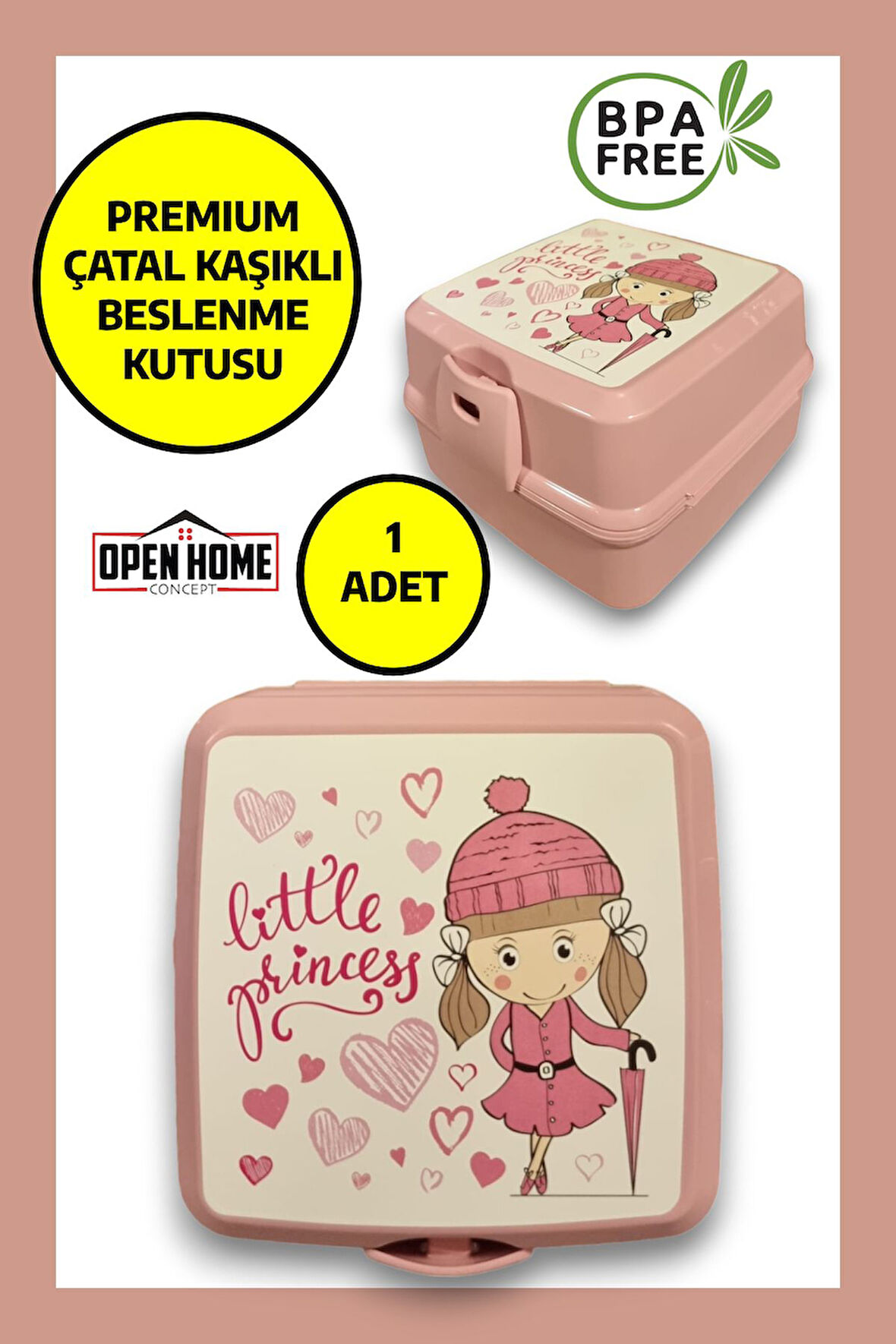 Premium Beslenme Kutusu 4 Bölmeli  Little Princess Pembe