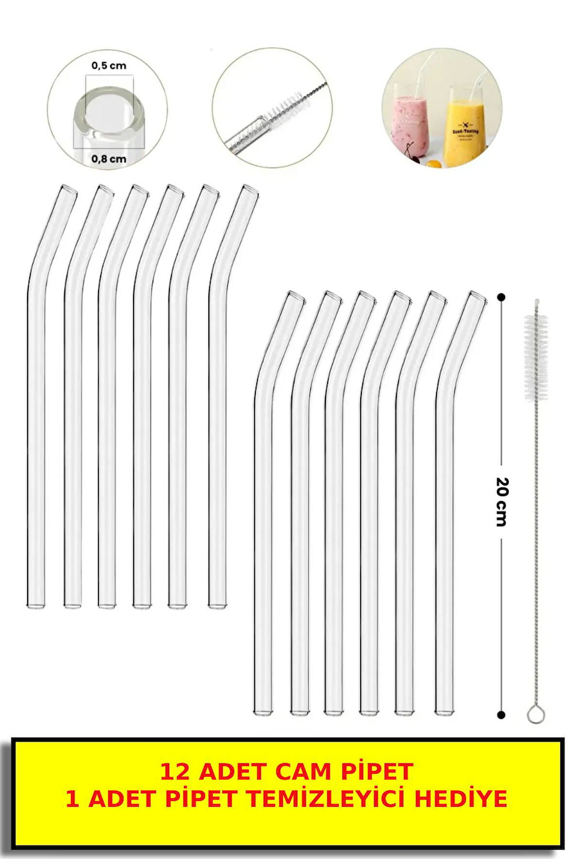 12'li Cam Pipet Ve Pipet Temizleme Fırçası, Kalın Cam Pipet