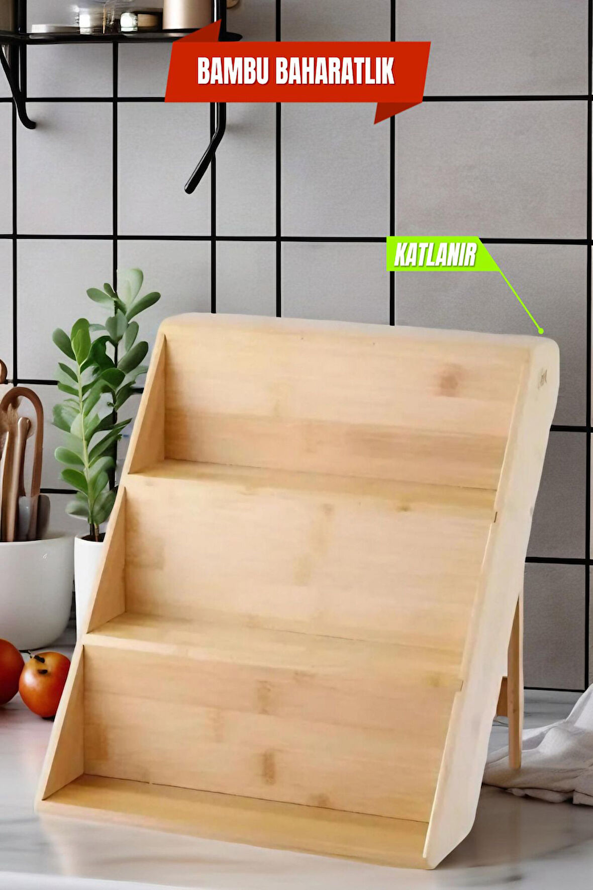 3 Katlı Bambu Katlanır Ayaklı Baharatlık Standı Çekmece İçi Baharatlık Standı, Bambu Organizer