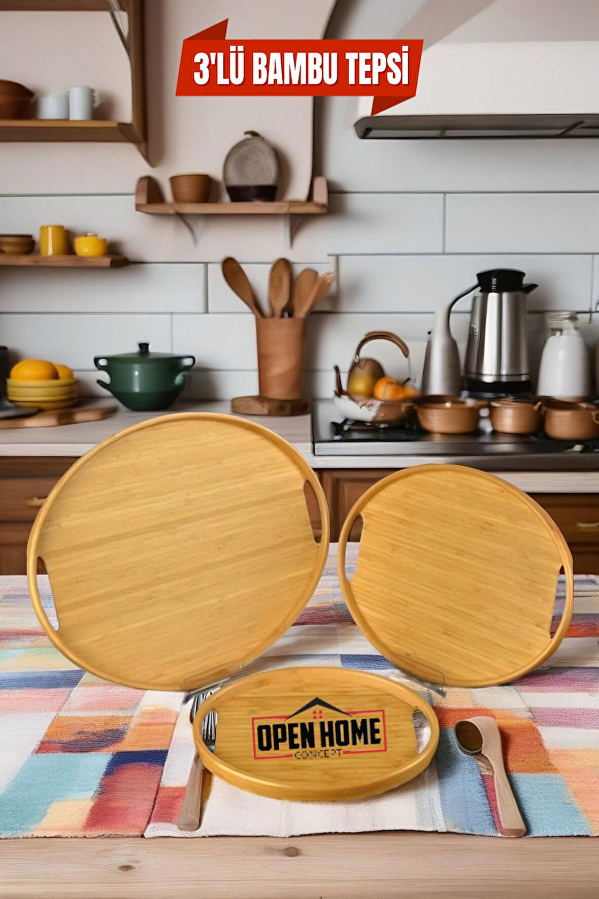 3'lü Bambu Oval Tepsi, Servis Tepsileri, Iskandinav Tepsi Seti, Çay Tepsisiı