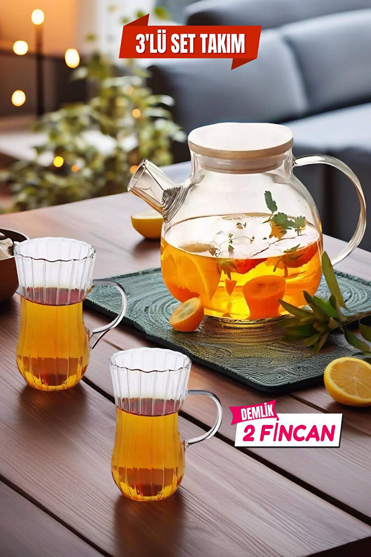 3'lü Set 1 Adet Cam Demlik 1000 ml - 2 Fincan 225 ml Takım - Model 2