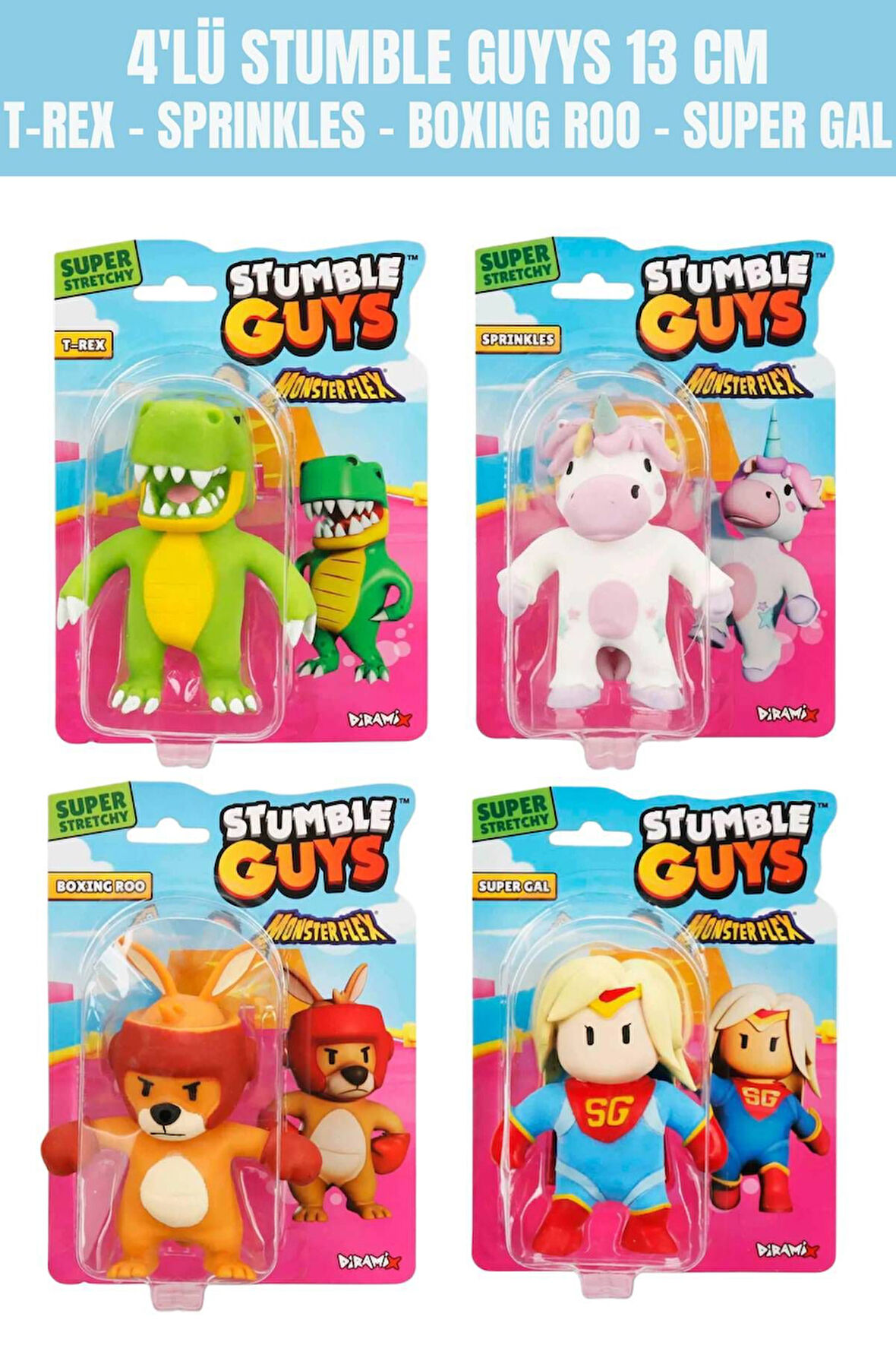 4'lü Stumble Guys Stretch Figür - T-REX - SPRINKLES - BOXING ROO - SUPER GAL