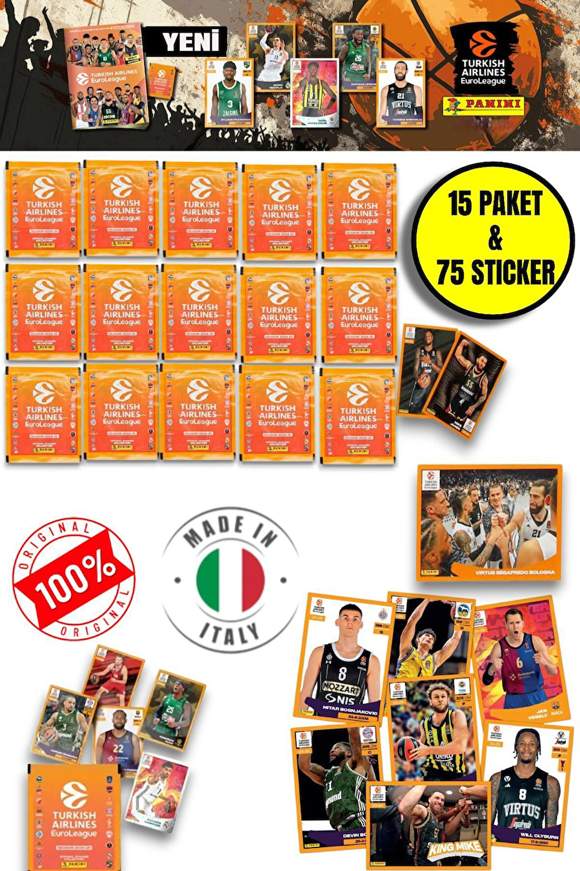 Panini 2024-25 Turkish Airlines Euroleague Sticker 15 Paket  (75 Adet Sticker)