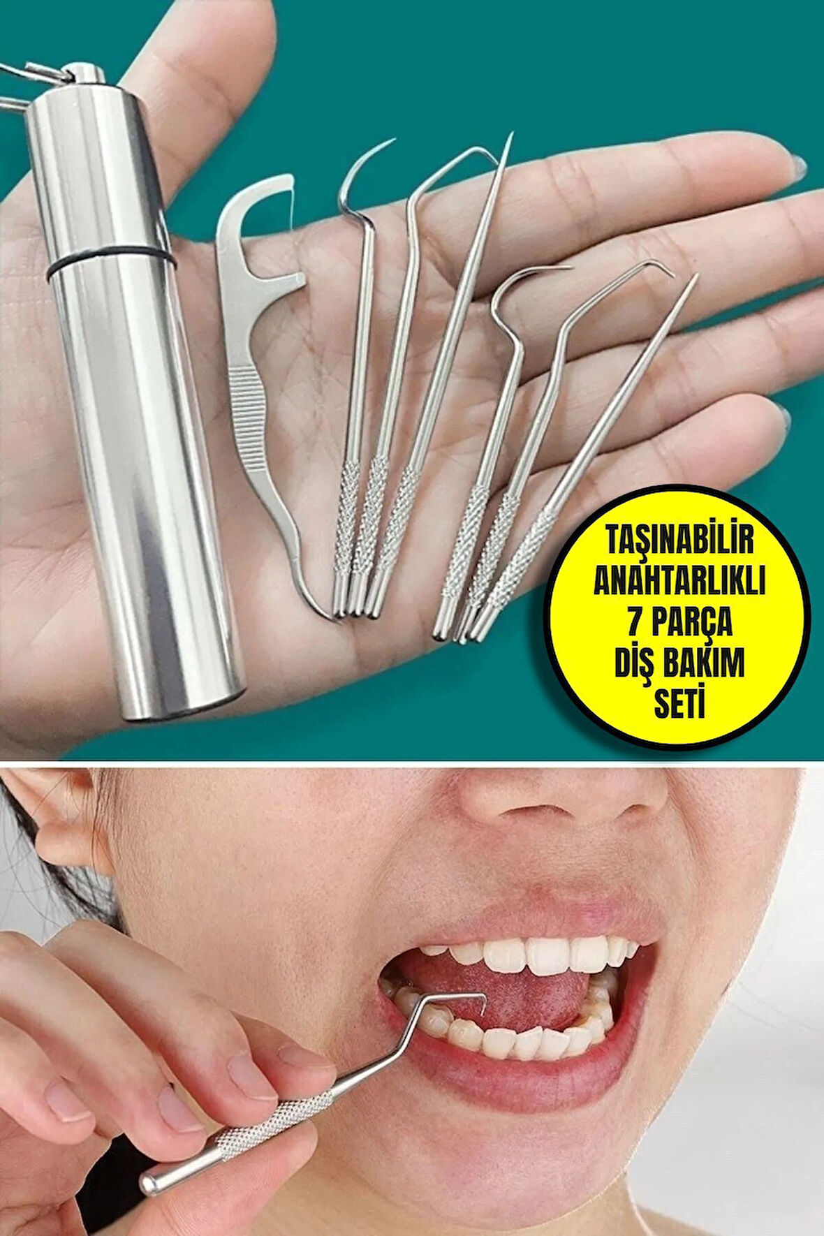 7 Parça Anahtarlıklı Paslanmaz Çelik Diş Tartar Sökücü Diş Temizleme Kiti Tartar Kireç Temizleyici