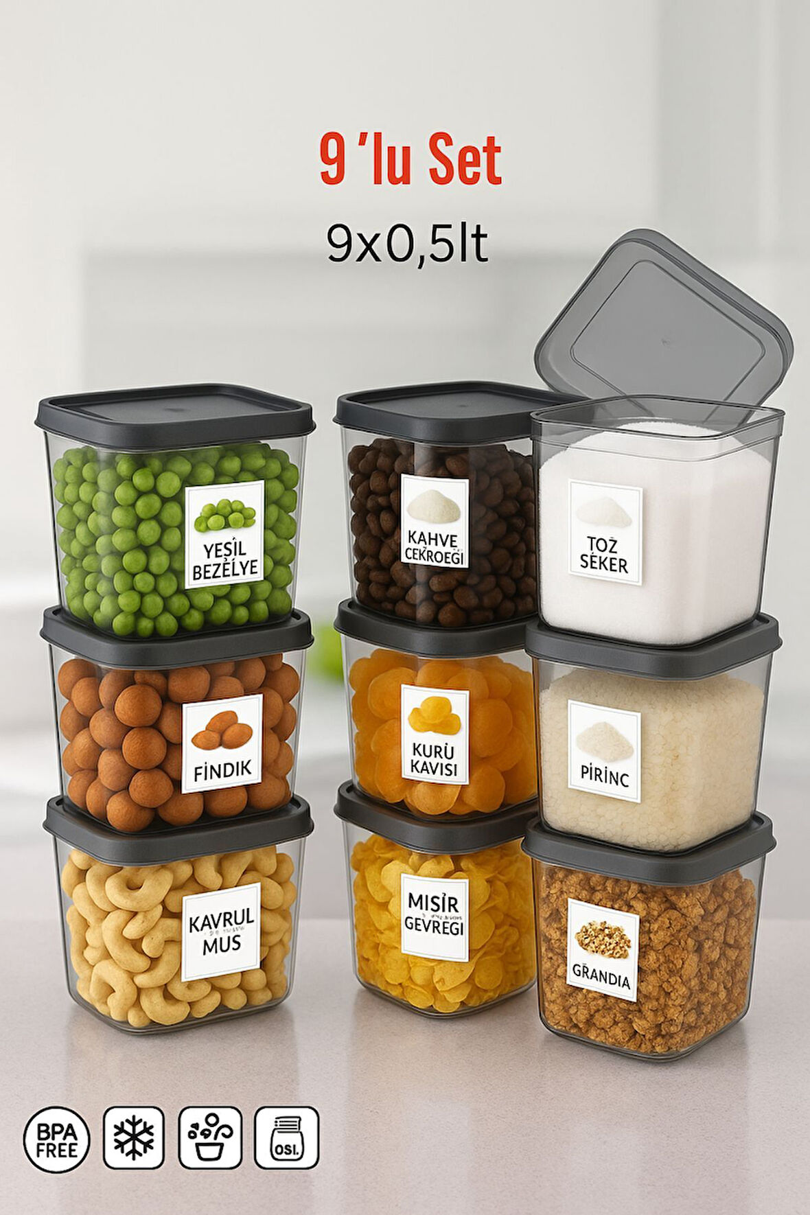 9'lu Set Saklama Kabı – Antrasit Renkli, Pratik ve Şık 550 ML