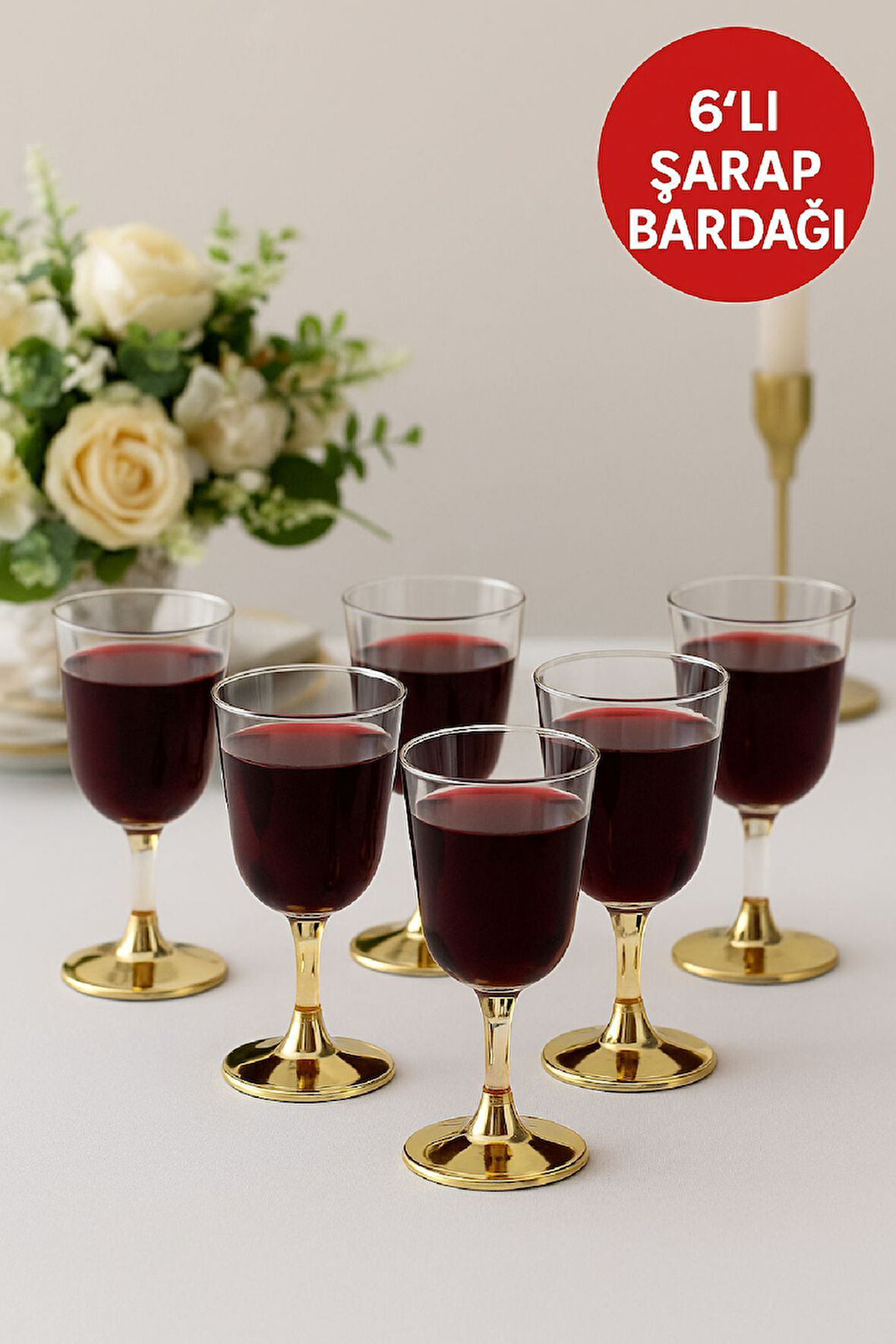 6'lı Gold Base Plastik Şarap Bardağı Düğün, Davet, Organizasyon, Parti için Dayanıklı 150 ml