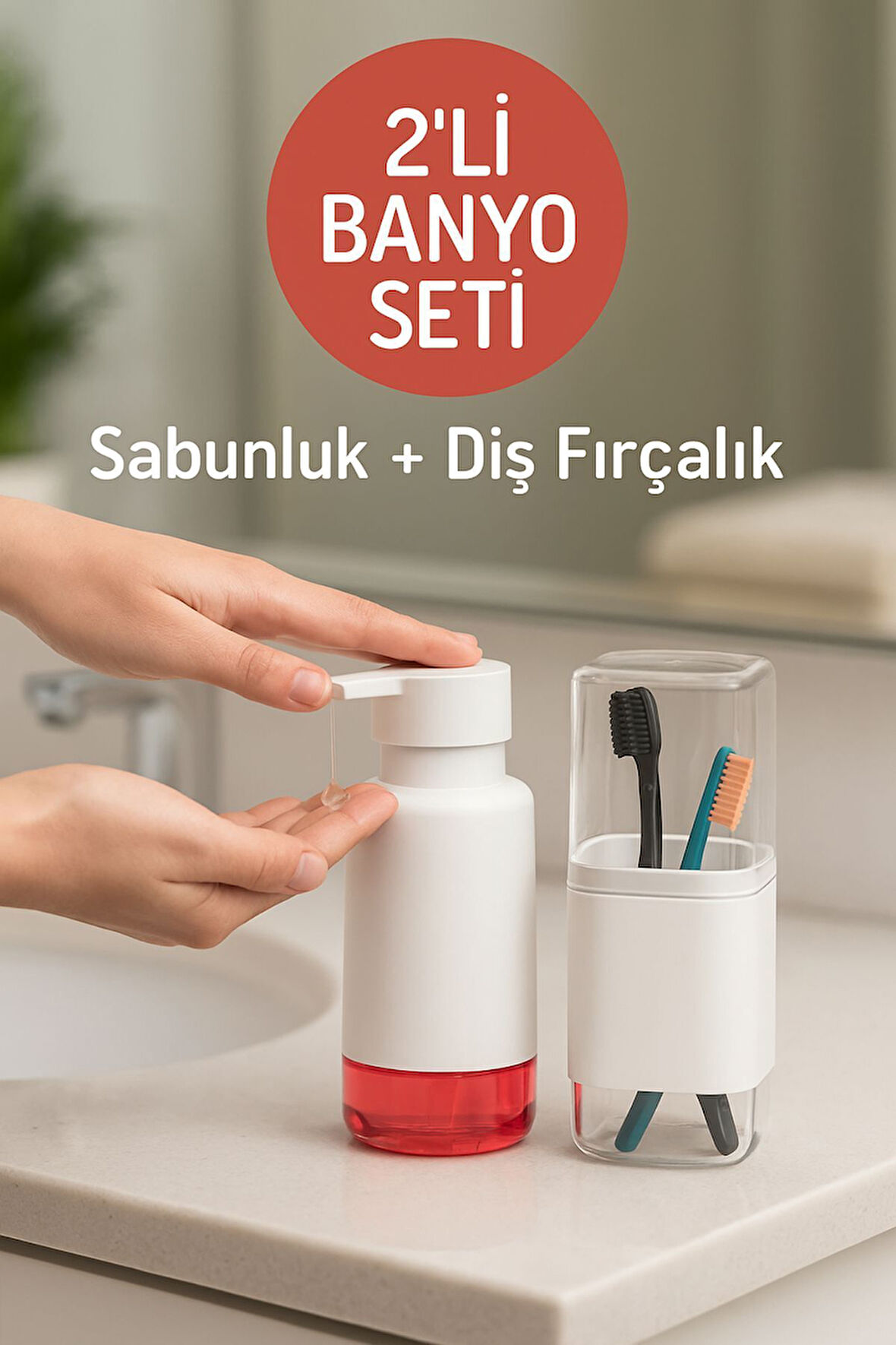2'li Pratik Sıvı Sabunluk ve Diş Fırçalık Seti Beyaz